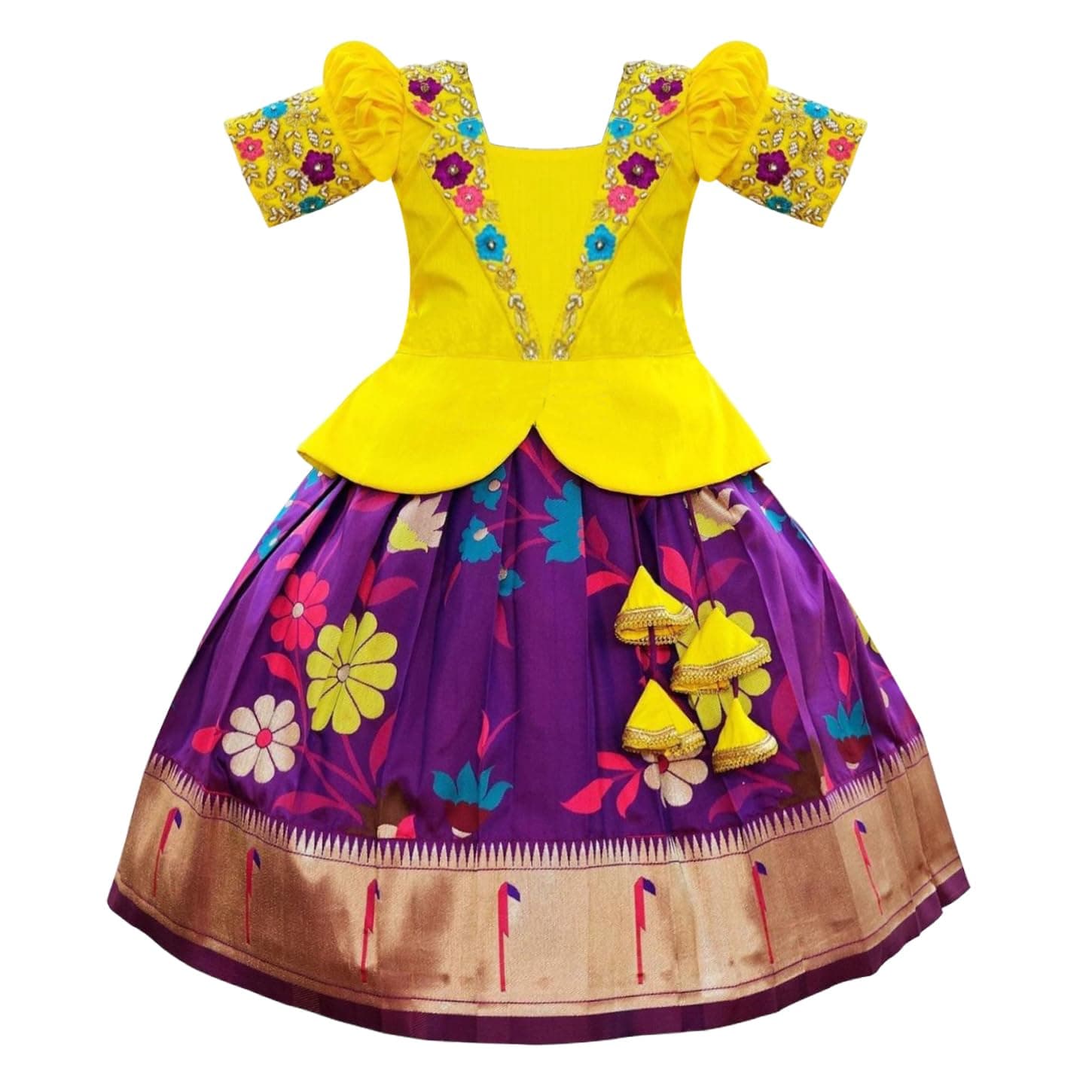 Satin New South Indian Traditional Digital Collar Pattu Pavadai Readymade Lehenga Choli for Girls Dress Yellow Wine 12-18 Months