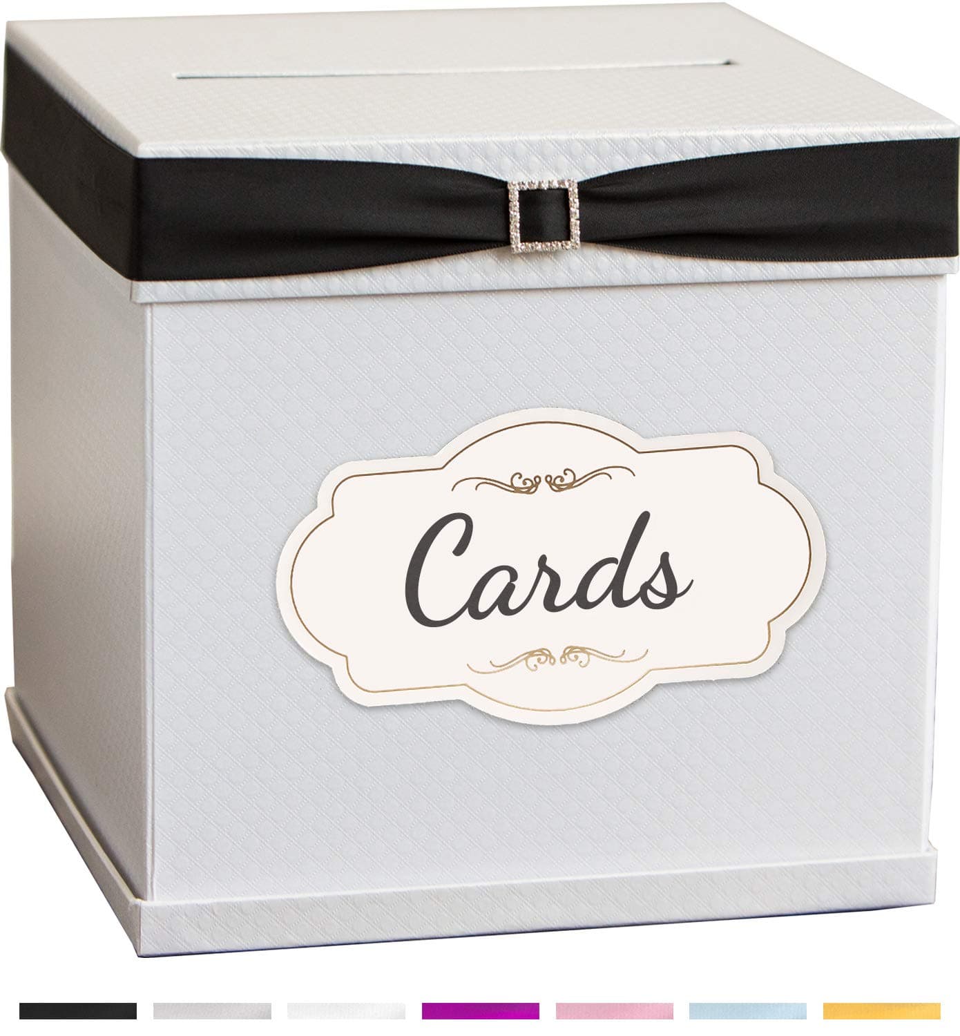 Merry Expressions Card Box with 7 Satin Ribbon Colors & Rhinestone Buckle, 10" x 10" Large, Beautiful Elegant White Finish - Perfect Gifts, Birthdays, Graduations, Bridal or Baby Showers