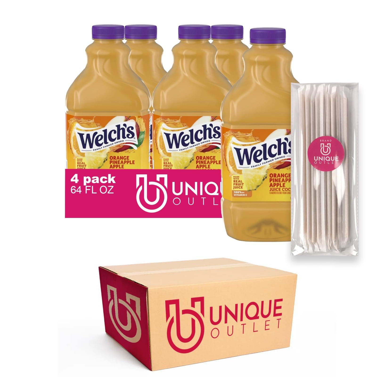 Welch 4-Pack of 100% Orange-Pineapple-Apple Juice, 64 fl oz Plastic Bottle + 25 Sugarcane Food Grade Disposable Straws by Unique Outlet Brand