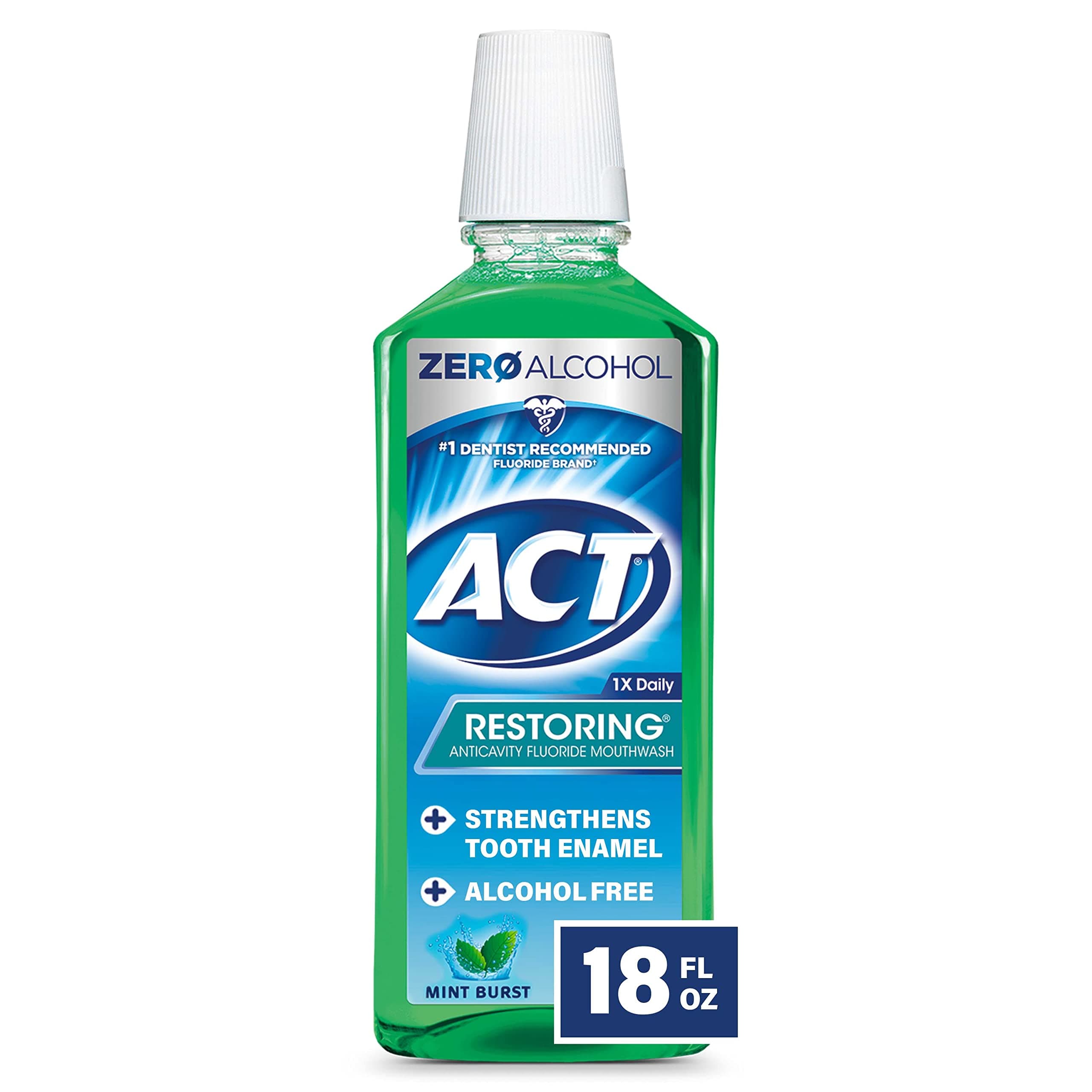 ACT Restoring Anticavity Fluoride Mint Burst Mouthwash 18 Ounce Helps Freshen Breath & Strengthen Tooth Enamel to Prevent Tooth Decay & Cavities