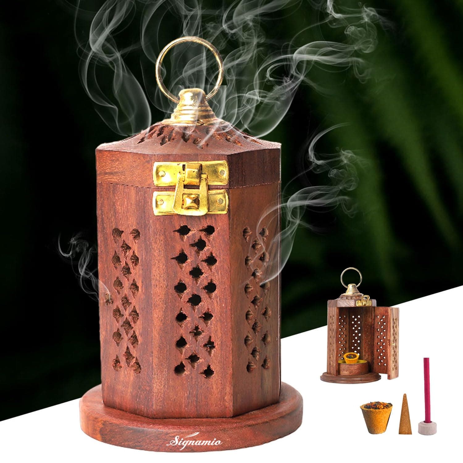 SIGNAMIO® Hanging Handcrafted Wooden Sambrani Dhoop Dhup Stand - Perfect Room Decoration and Incense Cone Holder for Home Mandir, Ideal Dhoop Dani and Pooja Items