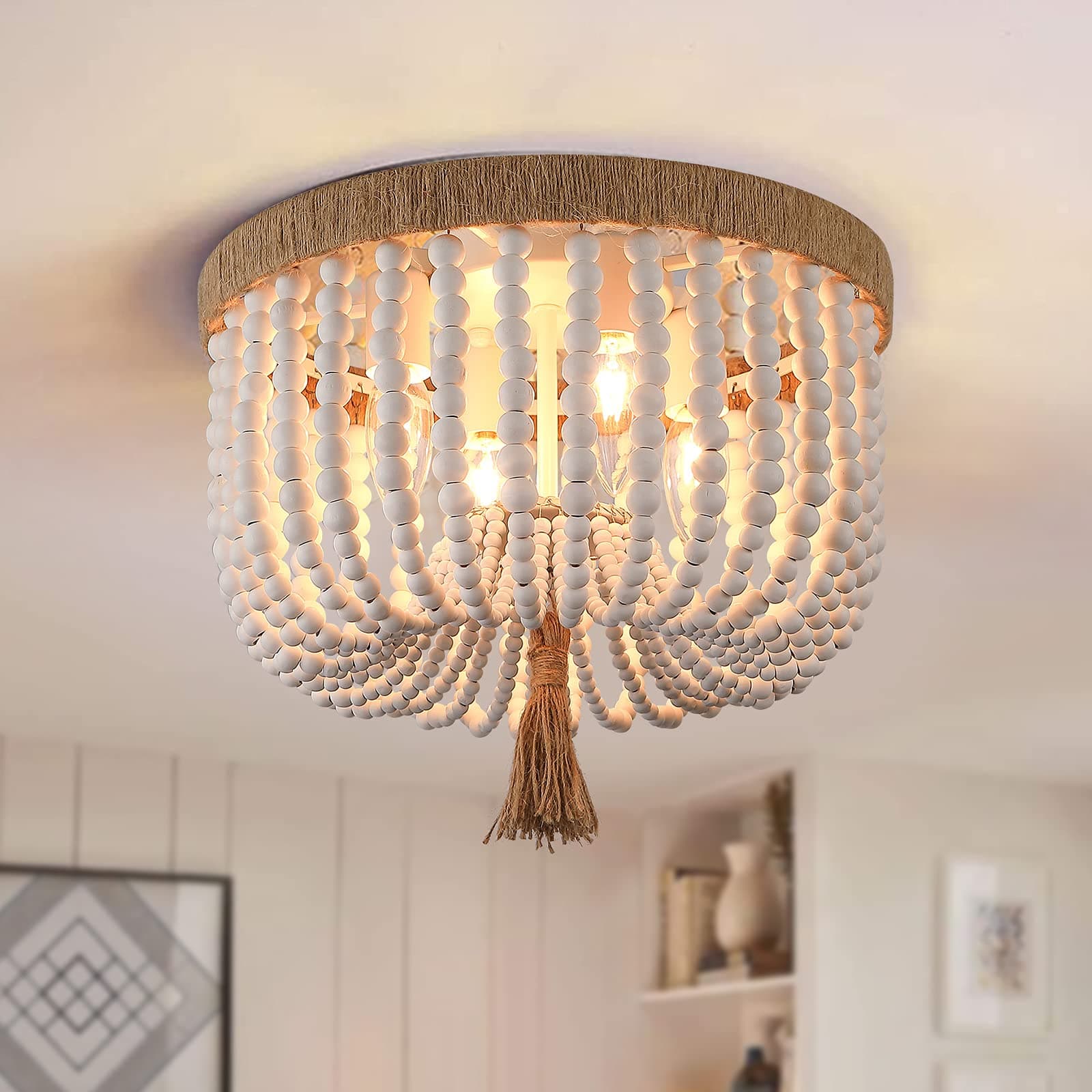 Beaded Light Fixture Flush Mount Ceiling Light White Bohemia Antique Farmhouse Wood Boho Chandelier for Kitchen Island Bedroom Dining Room Entryway Hallway，4-Light