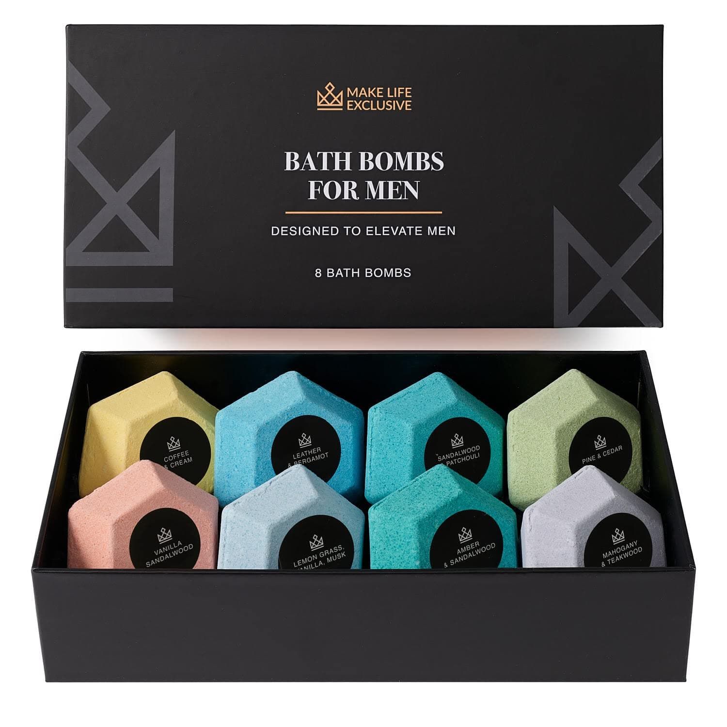 Bath Bombs for Men – 8 Large Diamond Shape Natural Mens Bath Bombs | Relaxing Bubble Bath Set & Bubble Bath Balls for Men | Masculine Scents & Skin Soothing Gift Set