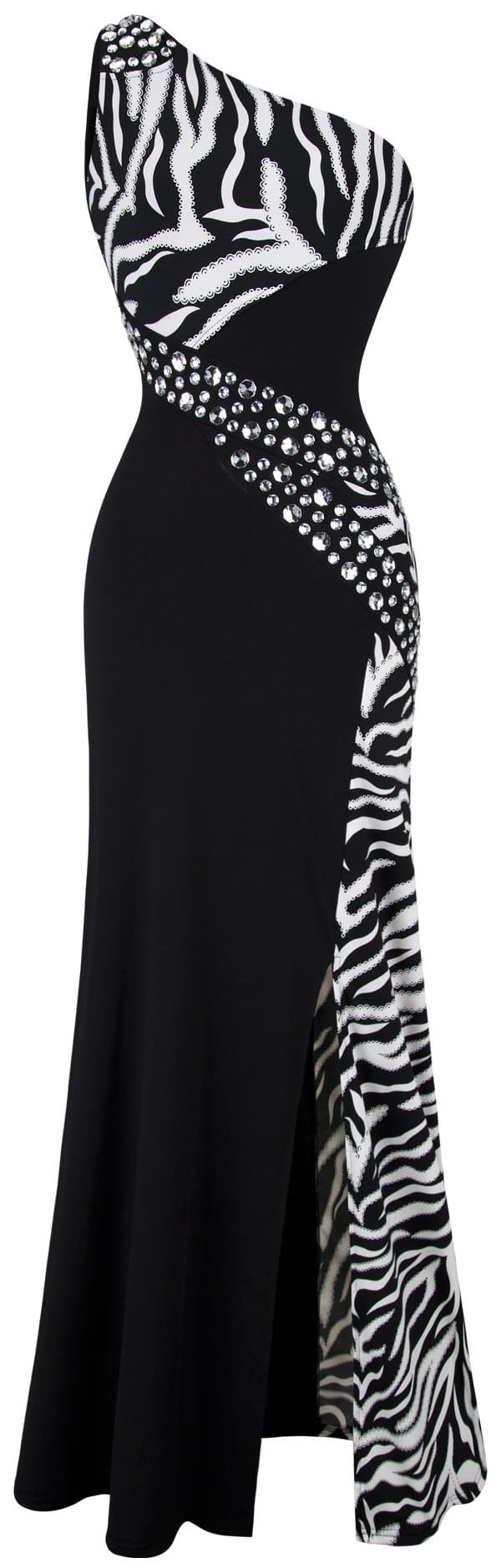 Angel-fashionsWomen's One Shoulder Evening Dress Zebra Beading