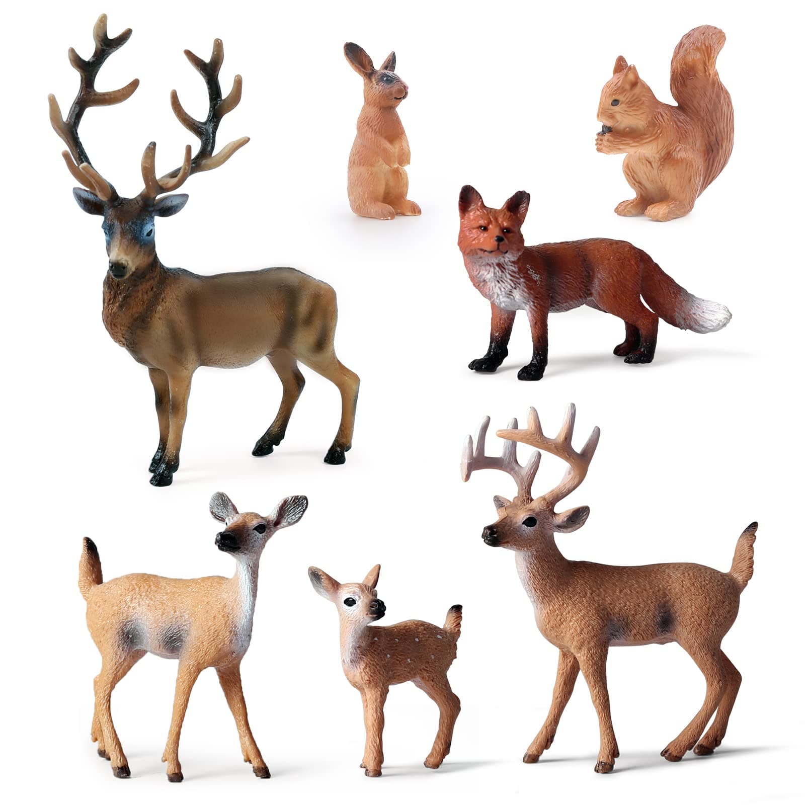 SIENON 7Pcs Forest Animals Figures Toys, Miniature Woodland Creature Figurines with Deer Family, Elk, Fox, Rabbit, Squirrel for Kids Educational Birthday Christmas Cake Decoration Party Favors