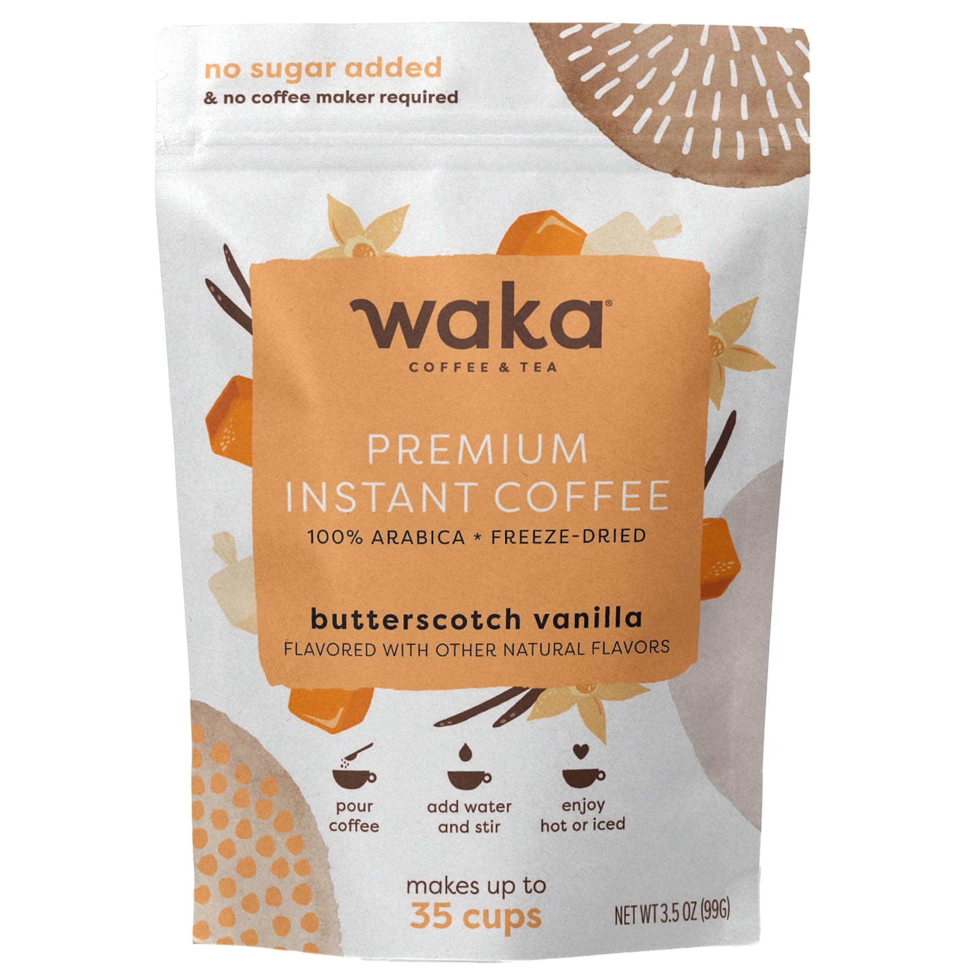 Waka Premium Instant Coffee — Butterscotch Vanilla Flavored — 100% Arabica Freeze Dried Beans — For Hot or Iced Coffee (3.5 Ounces Pouch)