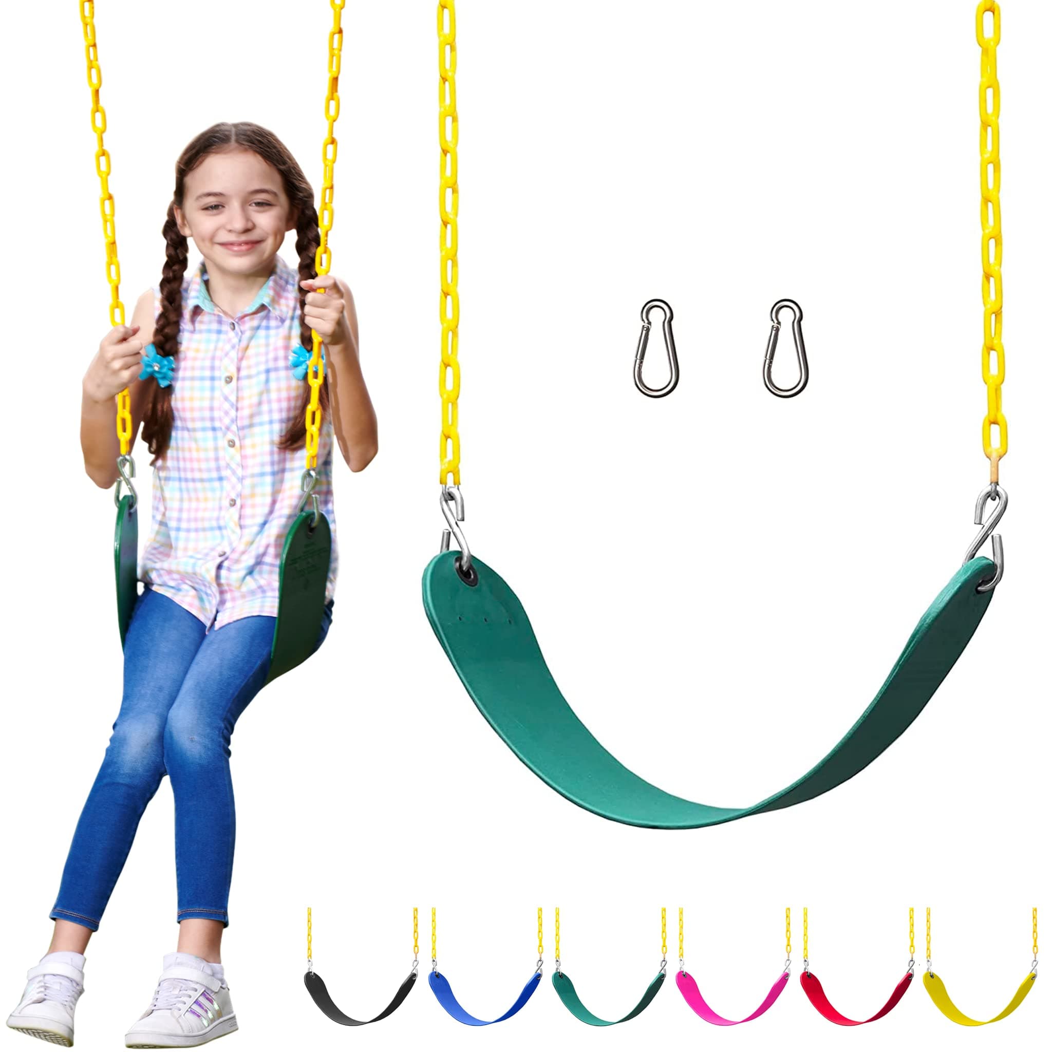Jungle Gym Kingdom Swing Seat Heavy Duty 66" Chain Plastic Coated - Playground Swing Set Accessories Replacement with Snap Hooks (Green)