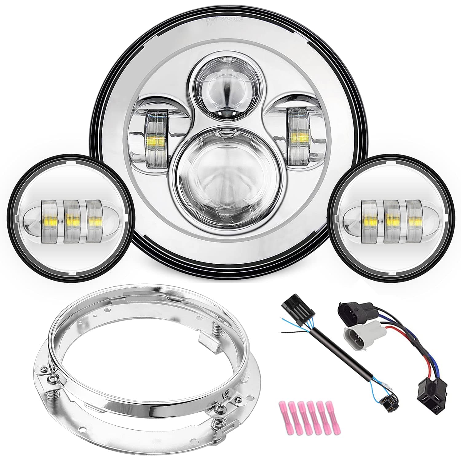 SUNPIE Motorcycle 7" Daymaker LED Headlight for Harley Davidson Road King, Road Glide, Street Glide and Electra Glide,Ultra Limited with 4-1/2 LED Passing Lamps Fog Lights and Bracket Mounting Ring