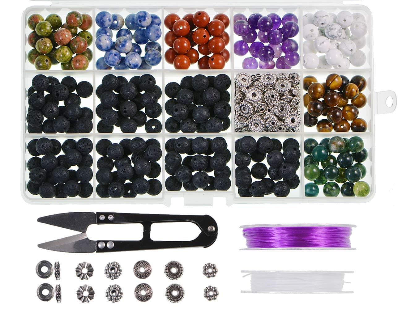 LPBeads Natural Stone Beads Box Set Kits 8mm Round Loose Gemstone Natural Amethyst Lave Stone Assorted Color with Accessories Tools for Bracelet Jewelry Making