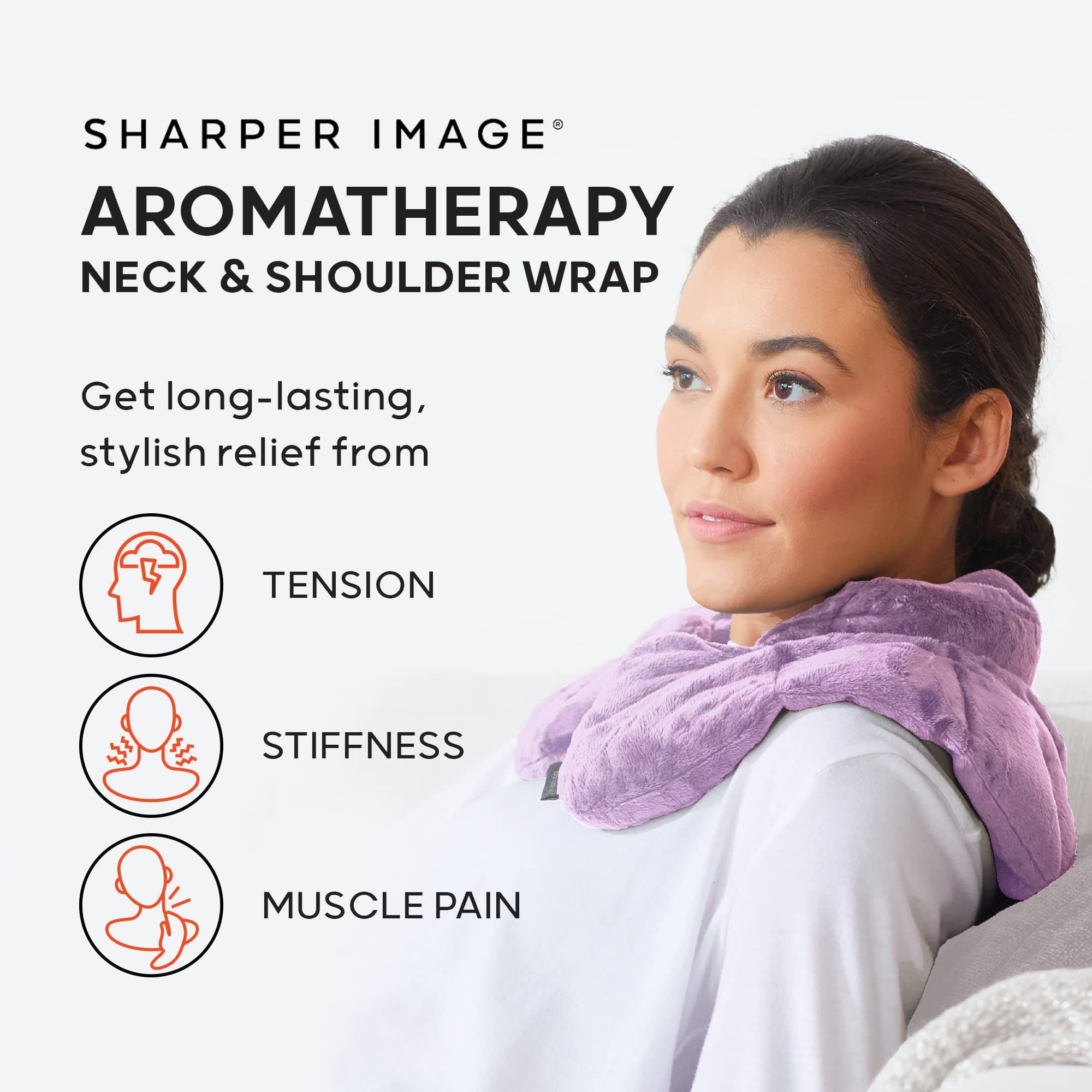 SHARPER IMAGE Warm and Cool Herbal Aromatherapy Neck & Shoulder Plush Wrap Pad Relieves Muscle Soreness and Tension Relief Therapy, 100% Natural Lavender & Herbal Spa Blend, Microwave or Freezer Safe