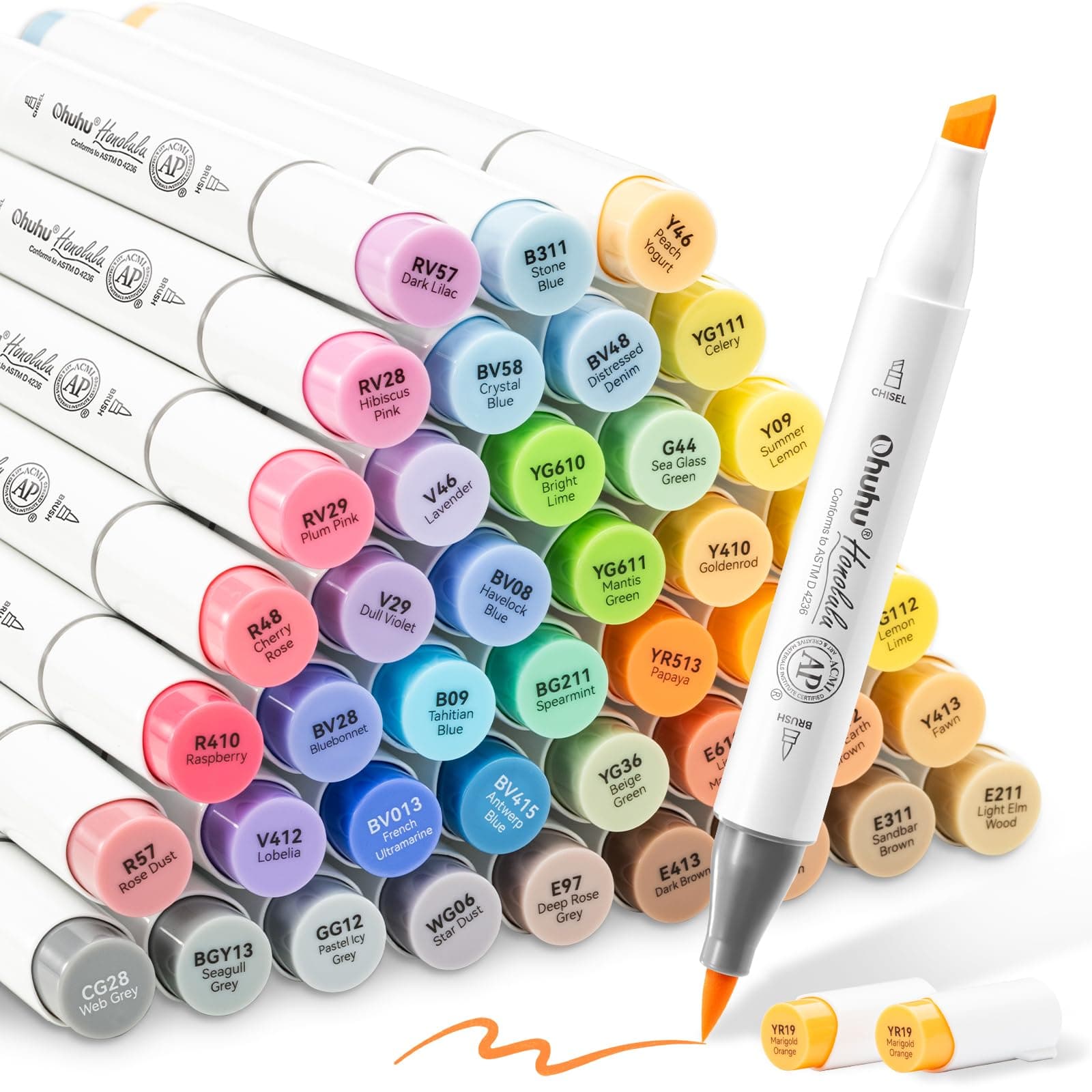 Ohuhu Alcohol Brush Markers 48 Mid-tone Colors- Double Tipped Alcohol Based Art Marker Set for Artists Adults Coloring Sketch Illustration (Chisel & Brush)