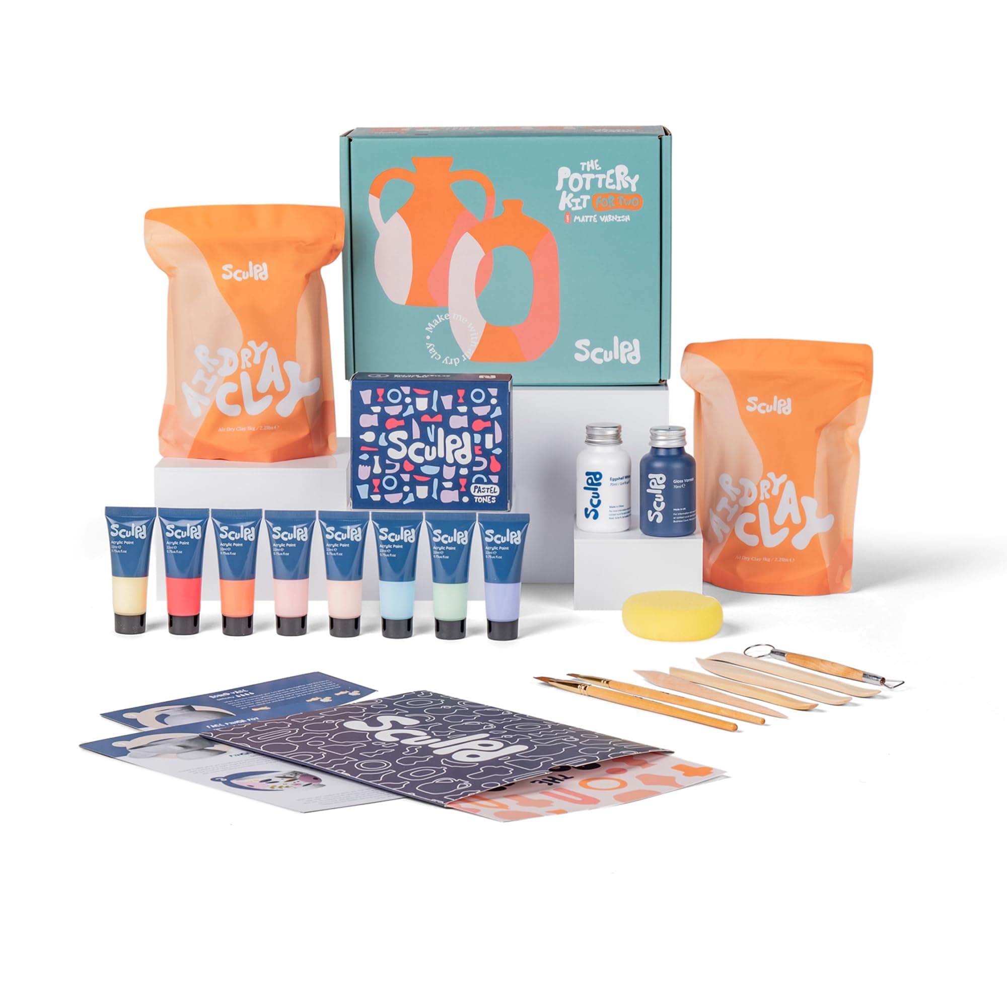Sculpd Pottery Kit, Air Dry Clay Starter Kit for Beginners with Paint Set, Starter Bundles Includes a Pottery Tool Set, 8 Paints, Waterproof Varnish, Paintbrushes & Step-by-Step Guide for Adults