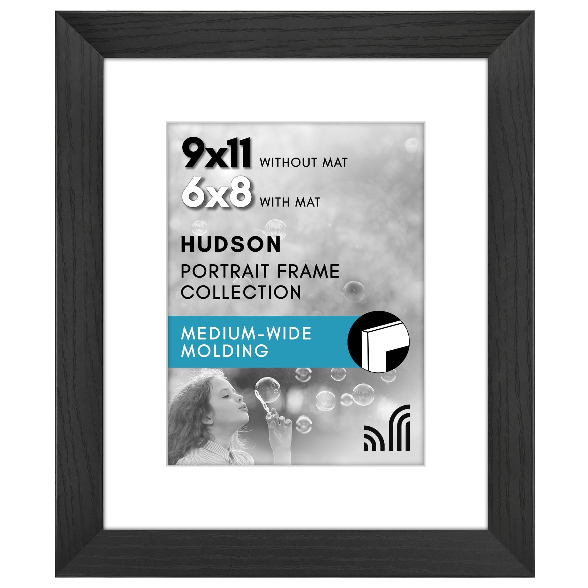 Americanflat9x11 Picture Frame with Shatter-Resistant Glass - Use as 6x8 Frame with Mat or 9x11 Frame Without Mat - Hudson Collection - Wide Photo Frame for Tabletop and Wall Display - Black
