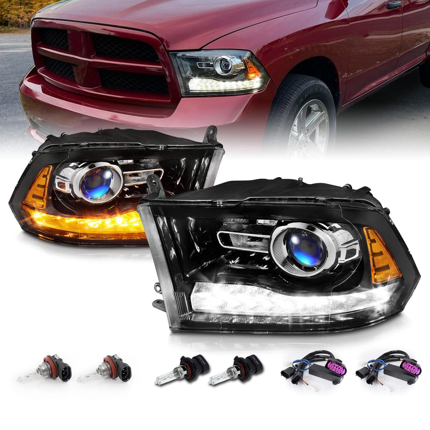 AmeriLite for 2009-2018 Dodge Ram 1500 2500 3500 BOTH Models Switchback LED Polished Black Replacement Projector Headlight Assembly Set - Passenger and Driver Side