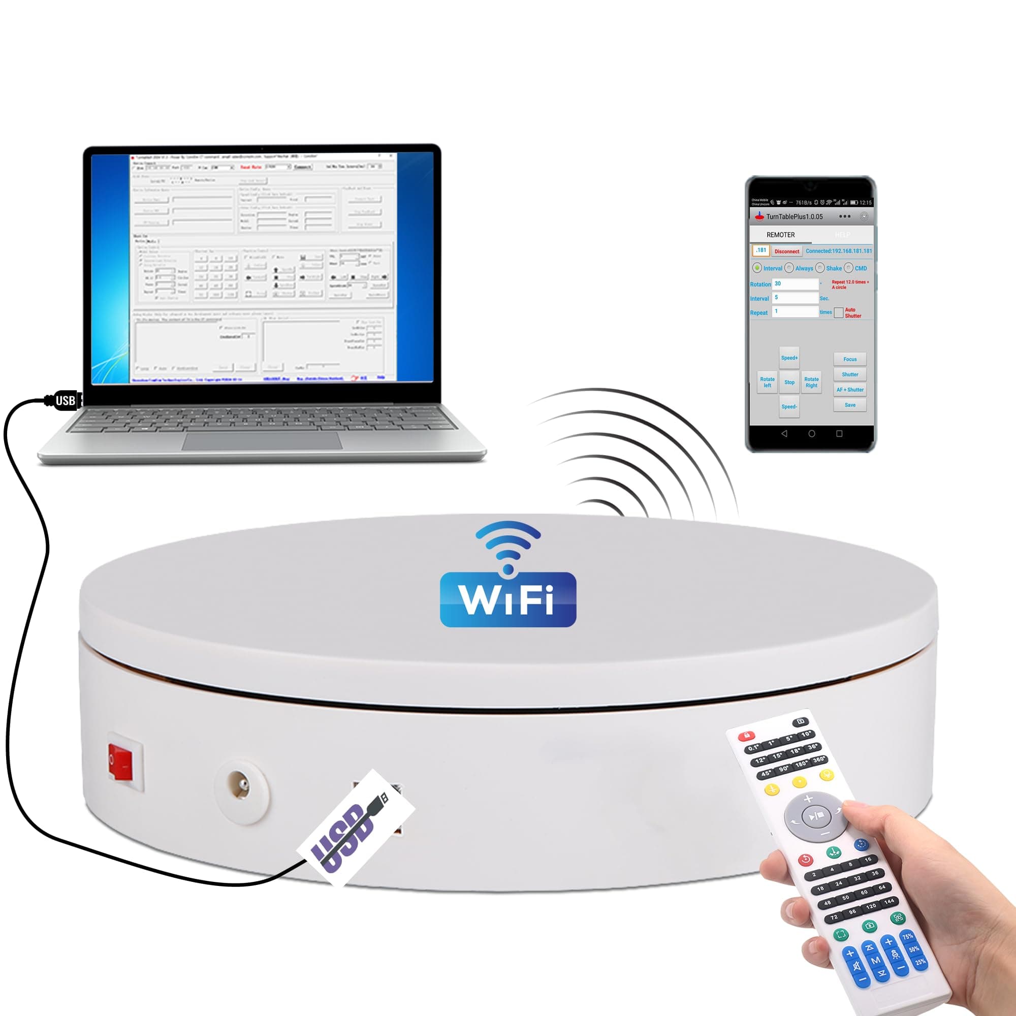 ComXim360 Degree Photography Turntable for Product Shooting,WiFi and USB Control,7.87 inch,44Lb Capacity,3D Scanning,Control Speed and Direction, Remote Control, Electric Turntable Display Stand