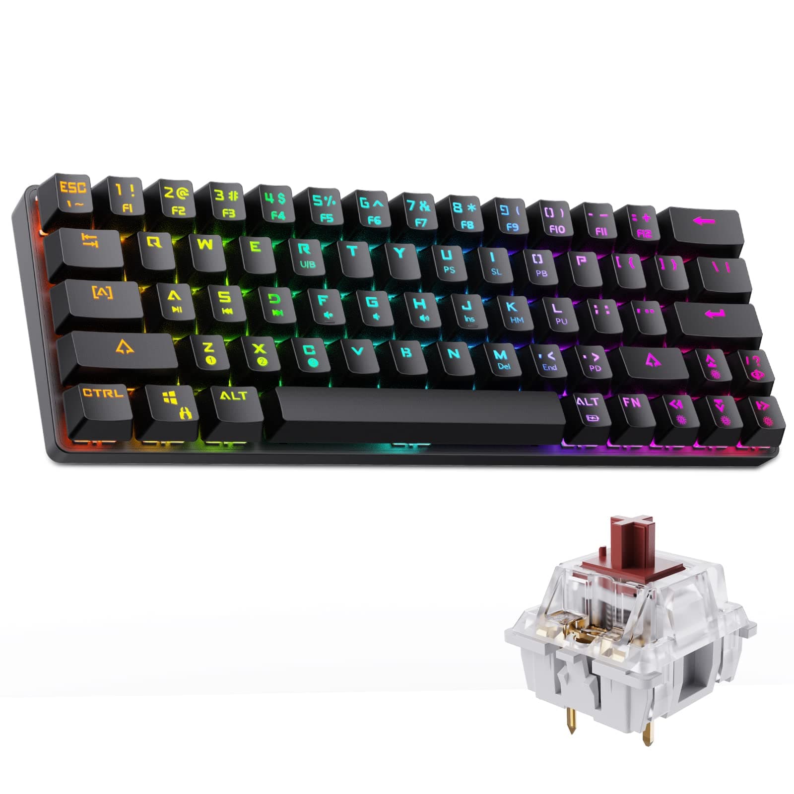DIERYA RGB Mechanical Keyboard 63 Keys Bluetooth 4.0, LED 60% Backlit Wireless USB Wired Gaming Computer Keyboard for Multi-Device iPhone Android Mobile PC Laptop - Brown Switch (L-452)