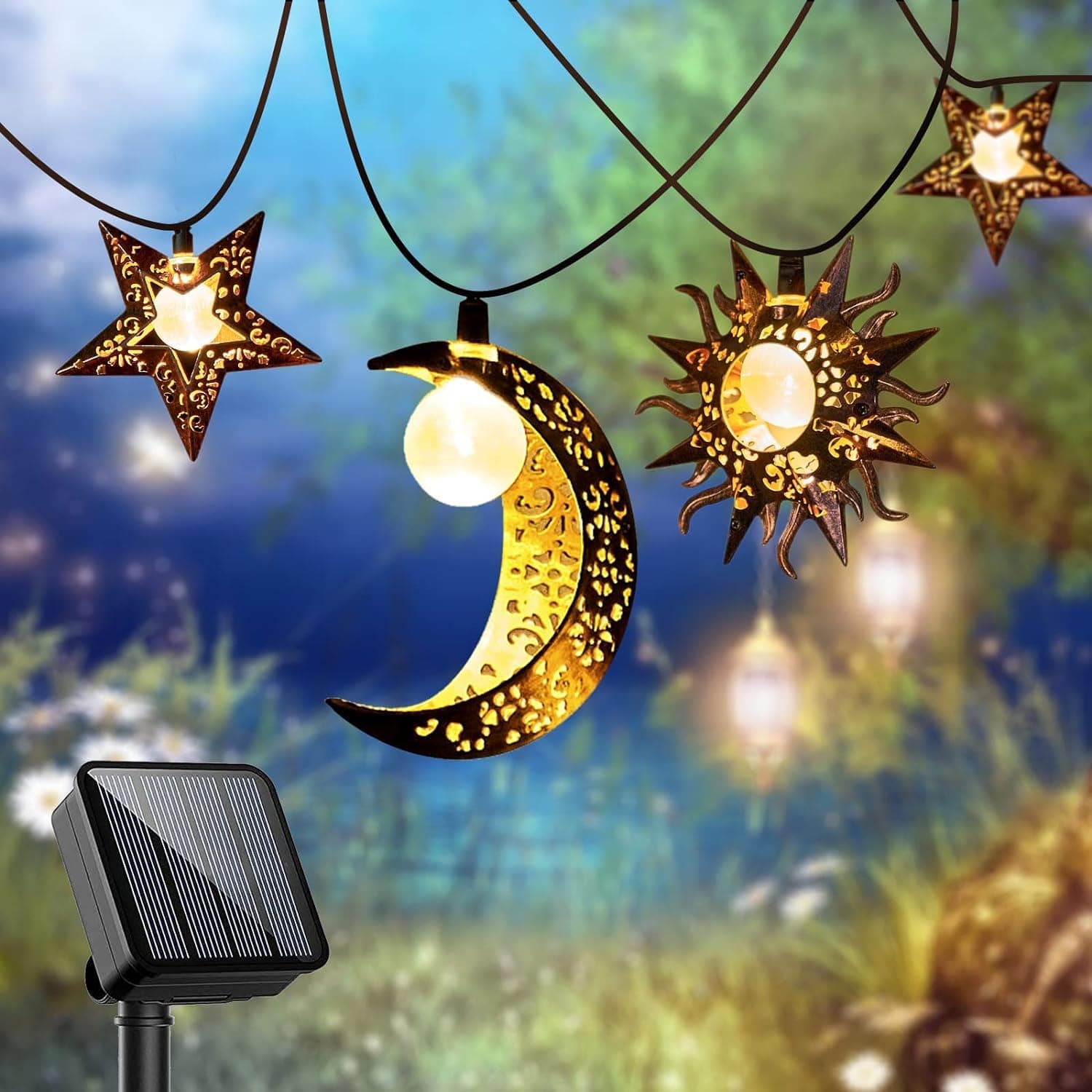Beautyard Solar String Lights Outdoor Star Moon Sun 13Ft 153In Led Solar Powered Decorative Lights for Garden Patio Yard Trees Mothers Birthday Gifts Party (Warm White) (Star Moon Sun String Lights)