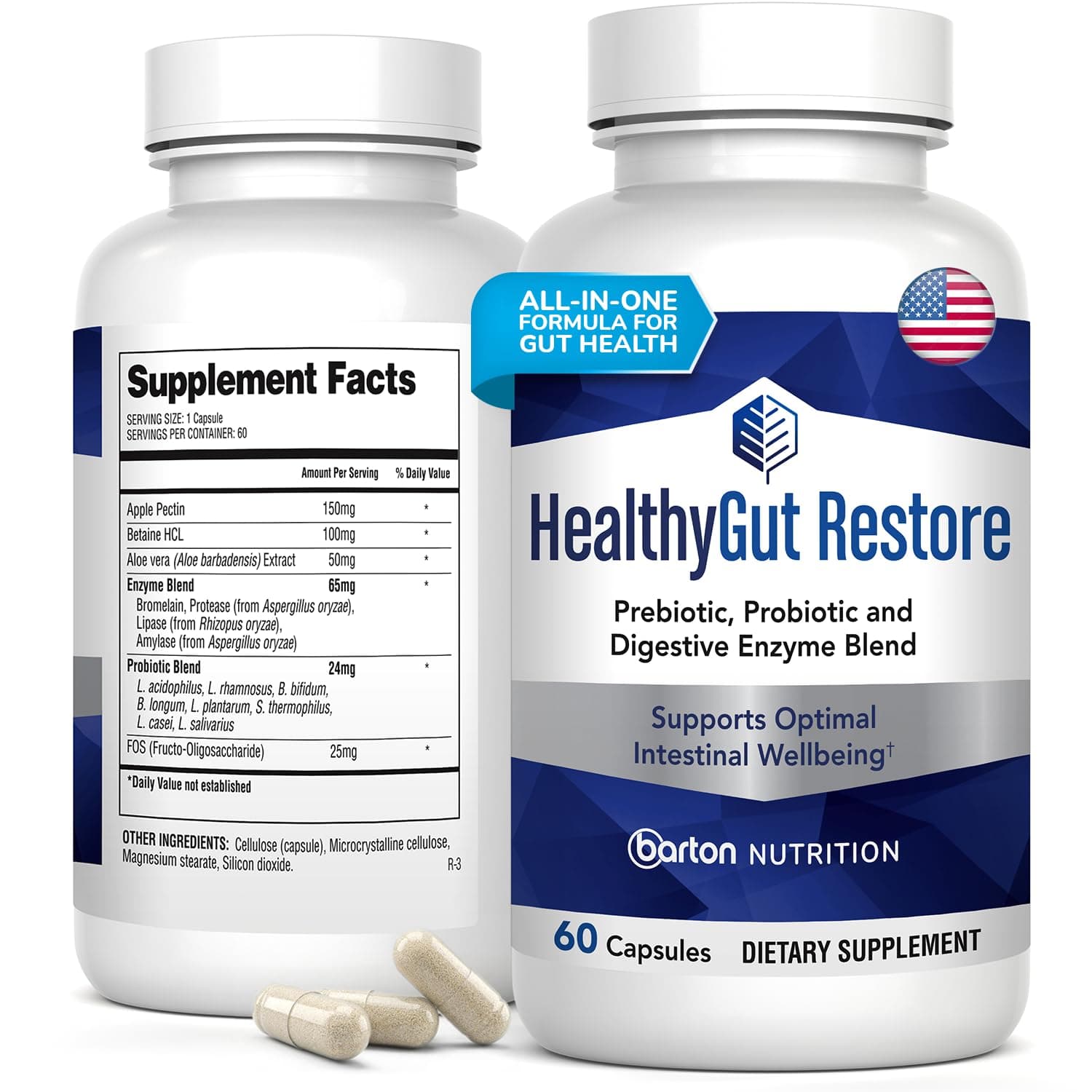 Healthy Gut Restore - Gut Health Supplements, Prebiotic and Probiotics for Digestive Health, Immune Support, Bloating Relief, Digestive Enzyme for Women & Men, Made in USA - 60 Caps, 2 Month Supply