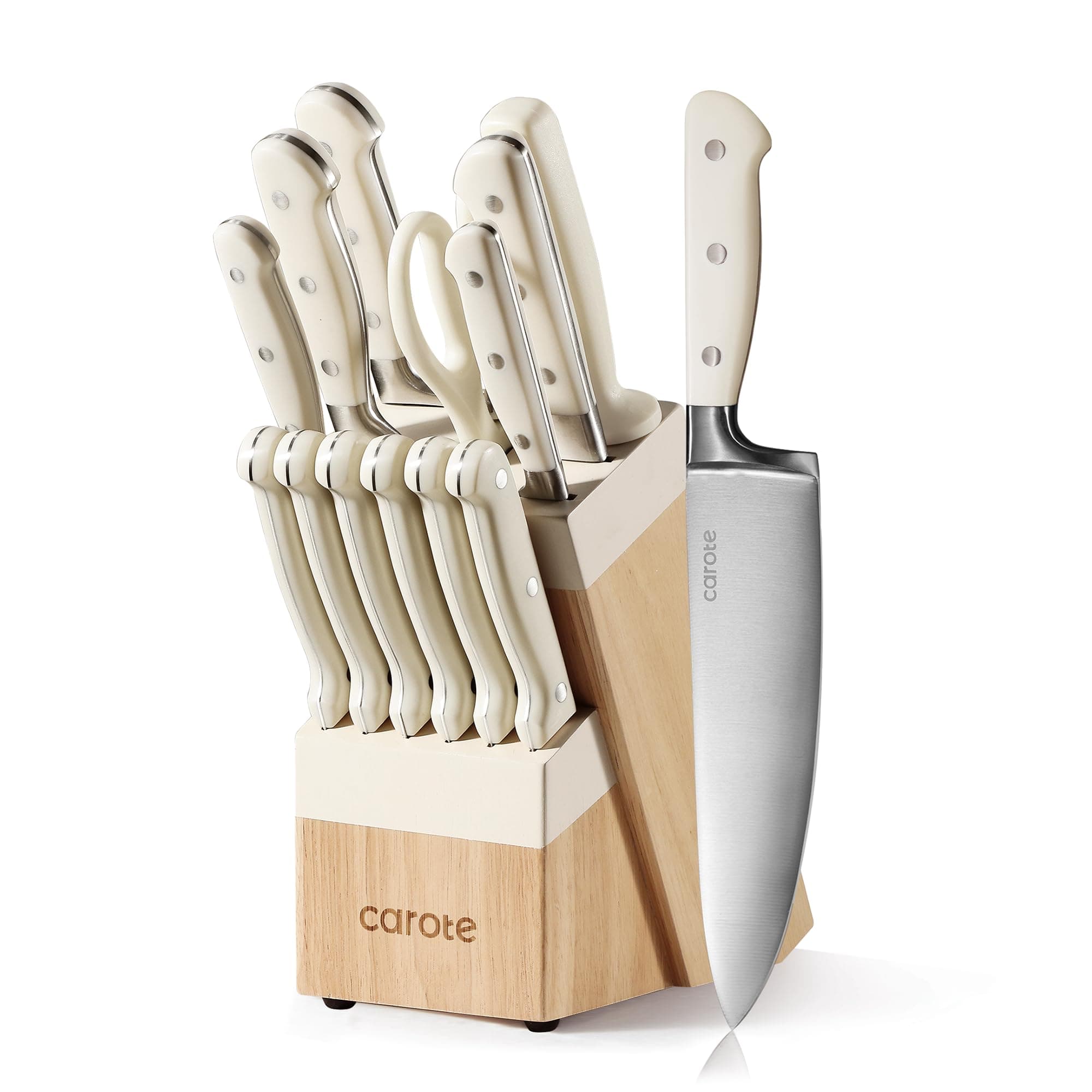 14 Pieces Knife Set with Block, Forged, High Carbon Stainless Steel Sharp Blade Block Knife Set, Dishwasher Safe Cutlery, Cream