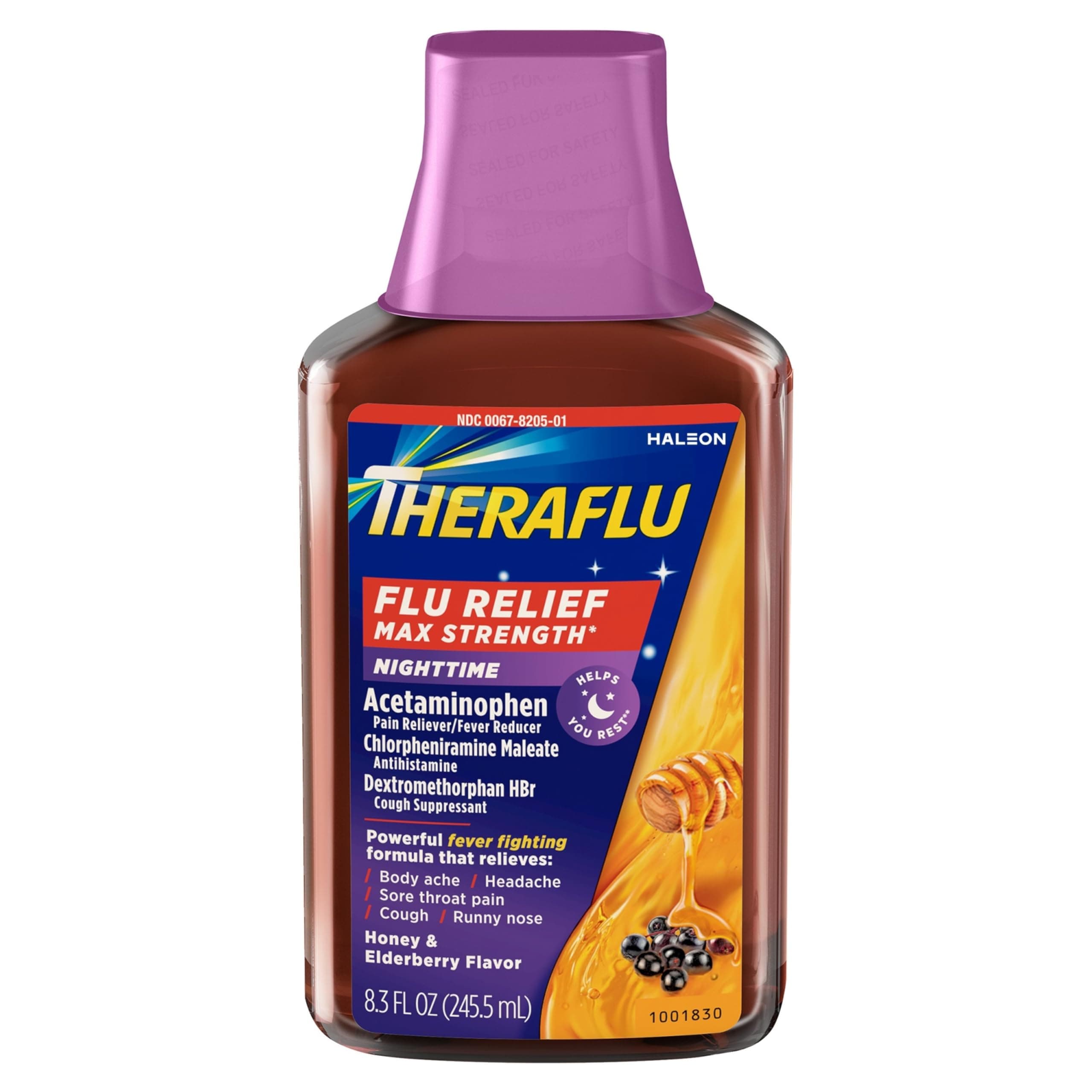 Max Strength Nighttime Flu Medicine for Flu Symptom Relief with Acetaminophen, Dextromethorphan HBr and Chlorpheniramine Maleate, Honey and Elderberry Flavored - 8.3 fl oz Syrup