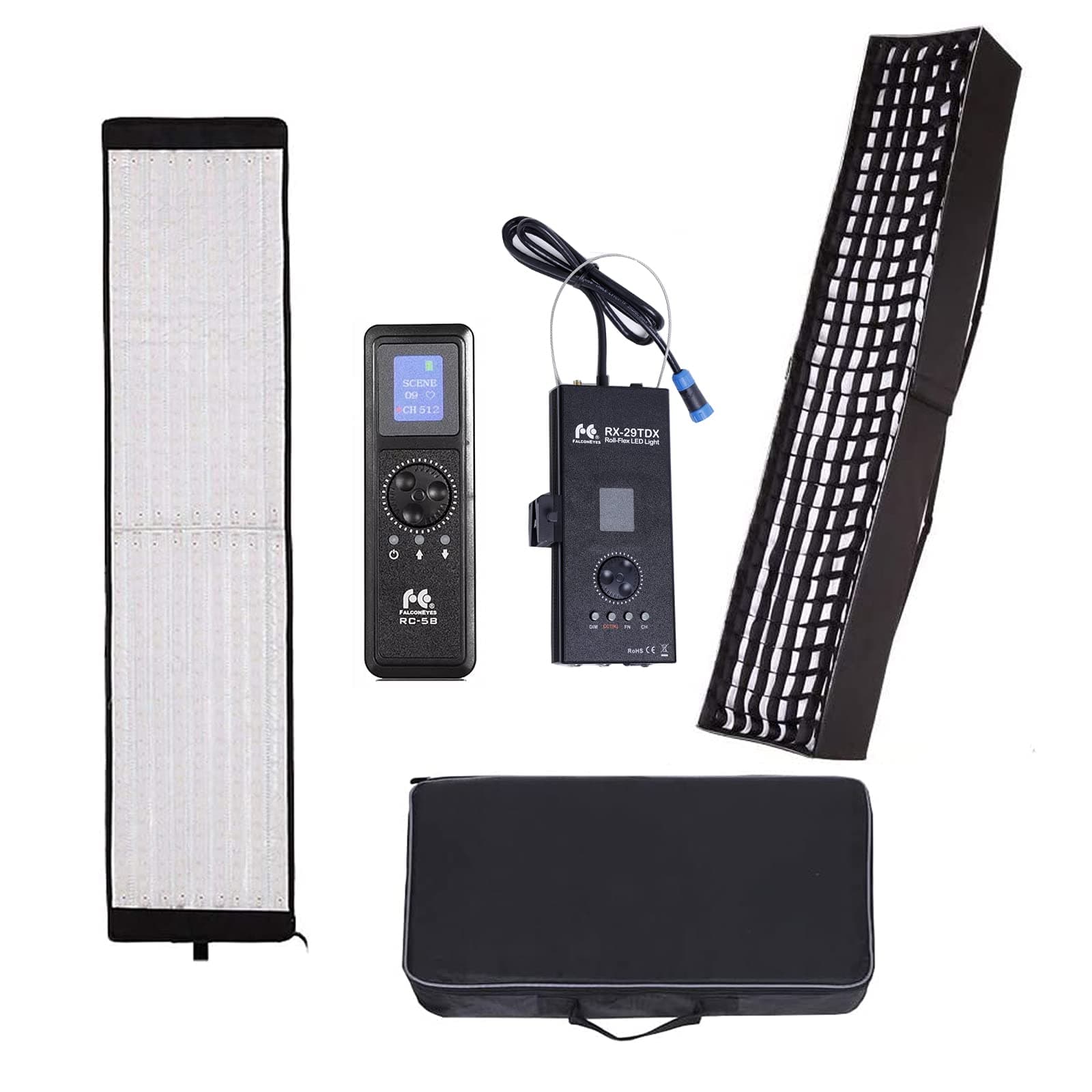 Falcon Eyes RX-29TDX Flexible Led Video Panel Continous Light 100W Bi-color 3000K-5600K Led Photo Lighting DMX 512 +RC-5B Remote Control + Honeycomb Grid Softbox Diffuser