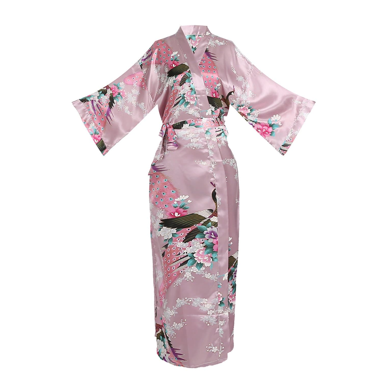 ellenwell Women's Kimono Long Robe - Peacock & Blossoms Long Kimono Robe(X-Large,Mauve)