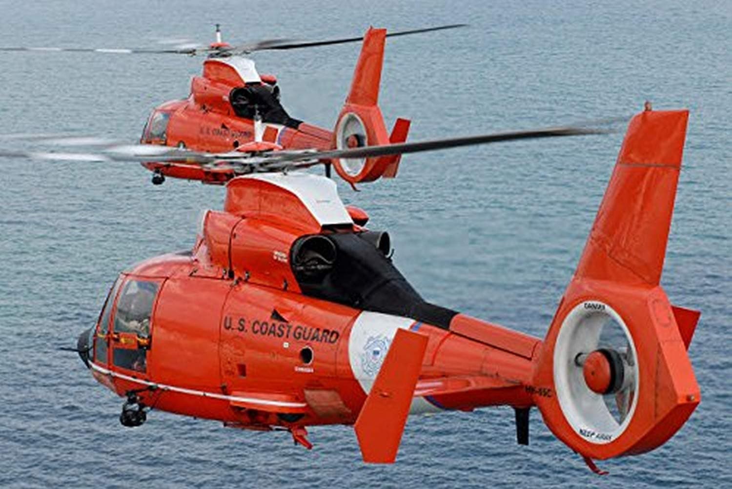 Two Coast Guard HH-65C Dolphin helicopters fly in formation over the Atlantic Ocean Poster Print by Stocktrek Images (17 x 11)