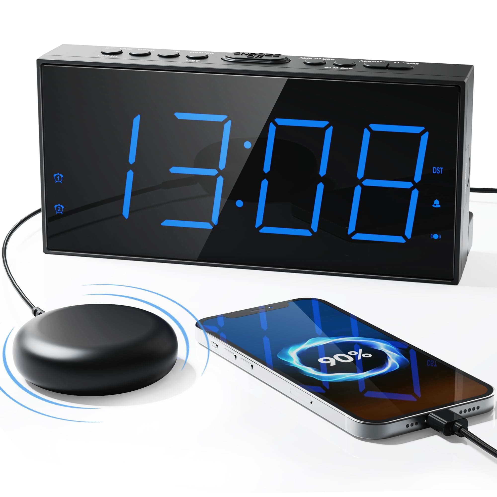 Super Loud Alarm Clock with Bed Shaker Vibrating Alarm Clock Loud for Deep Sleepers for Teens with Hearing Impaired Dual Alarm Clocks 7.5" Large Display USB Charging Dimmable Snooze Backup Battery