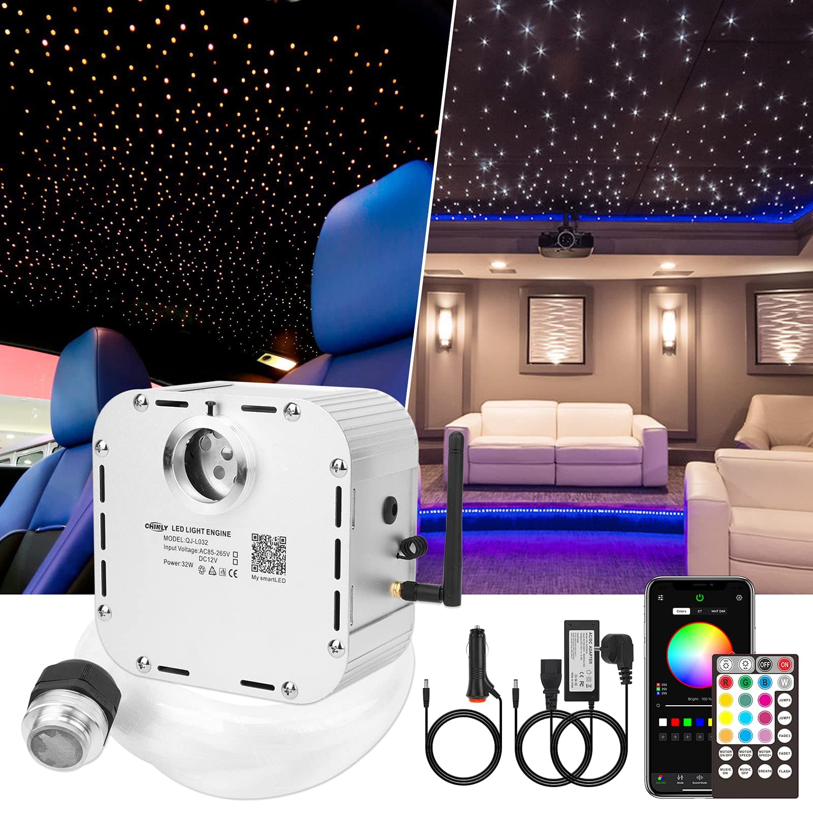 CHINLY32w le 710pcs 13.1ft (0.03in+0.04in+0.06in+0.08in) Bluetooth RGBW LED Fiber Optic Star Ceiling Light,APP/Remote Music Mode+Adapter+Cigarette Lighter+10 Crystals,for Headliner/Ceiling