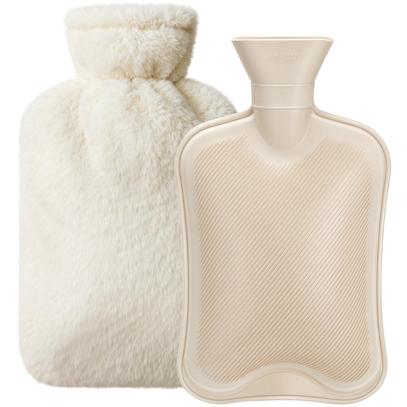 2L Natural Rubber Hot Water Bottle with Cover, Leakproof Design for Hot & Cold Compress, Ideal for Menstrual Cramps/Hand & Feet Warmer/Neck & Shoulder Pain Relief, Ultra-Soft Touch, Cream White
