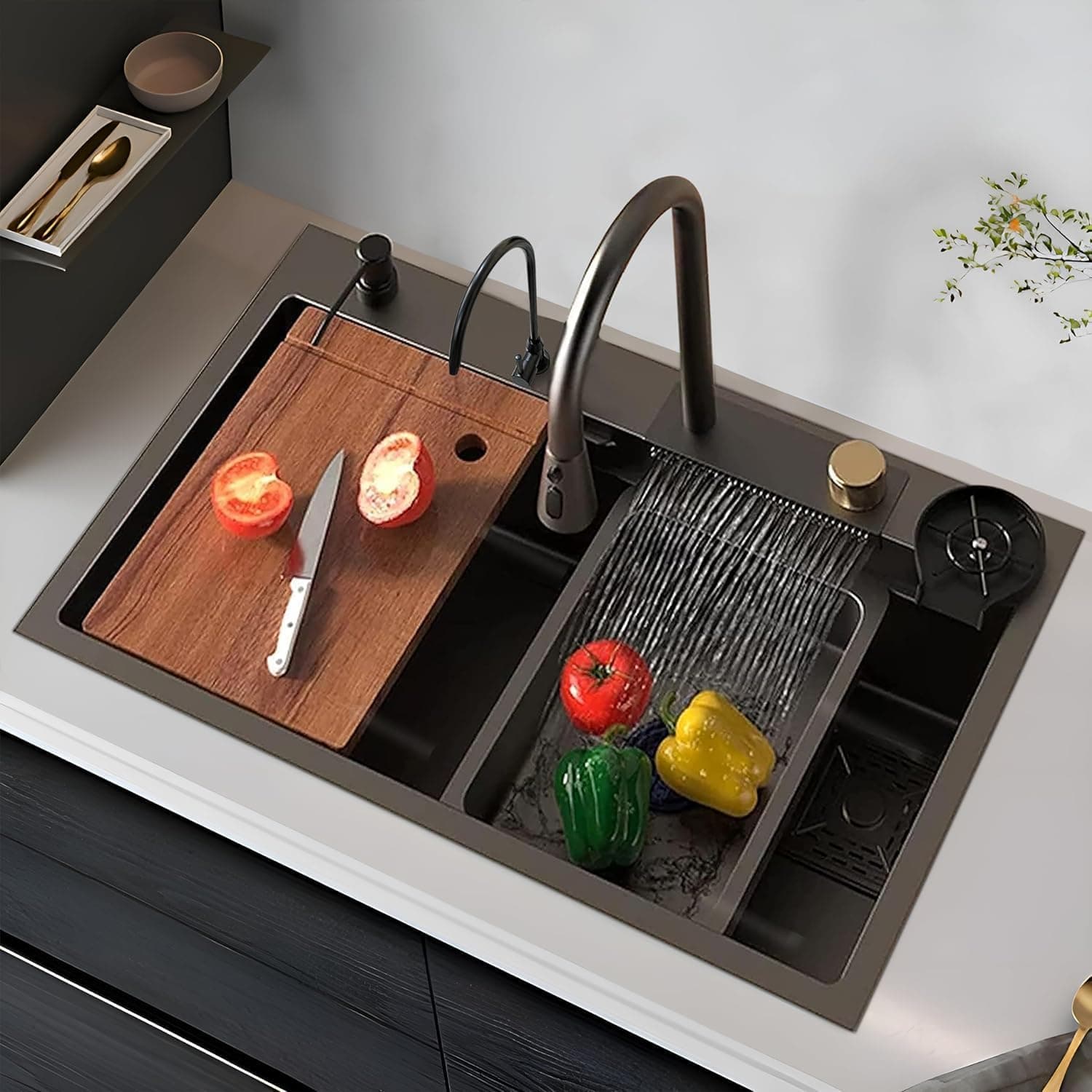 Plantex Heavy Duty Stainless Steel Waterfall Kitchen Sink with Anti Scratch Honeycomb Design/Luxurious Sink for Kitchen with Pull Down Faucet/Multifunctional Modern Sink (30x18 Inch - Nano Black)