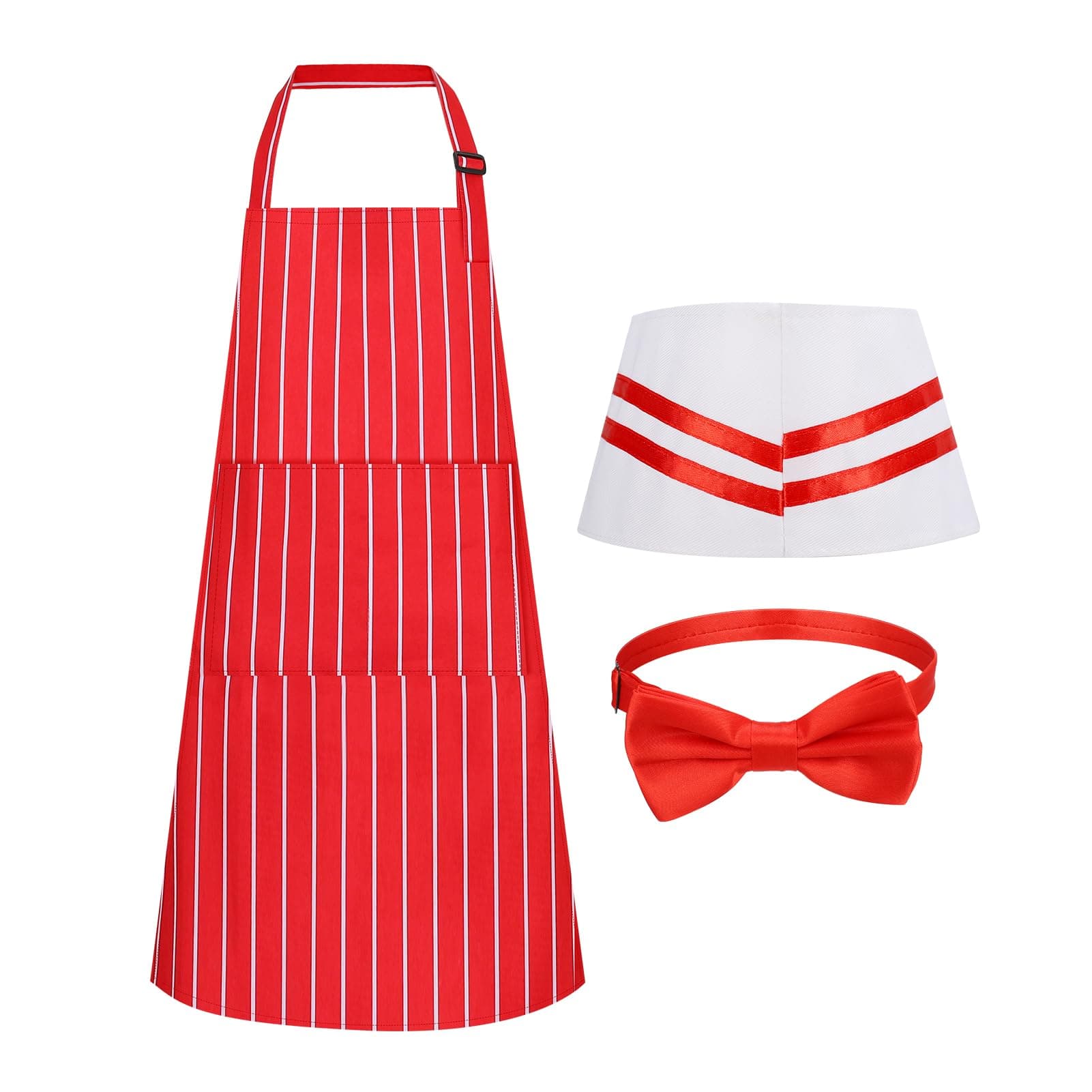 XLSXEXCL1950s Waiter Costume Kit, Soda Jerk Costume Kit, Red and White Striped Apron with 2 Pockets, Chef Hat Red Bow Ties Adjustable for Adult Costume Cosplay Party (70x80cm)