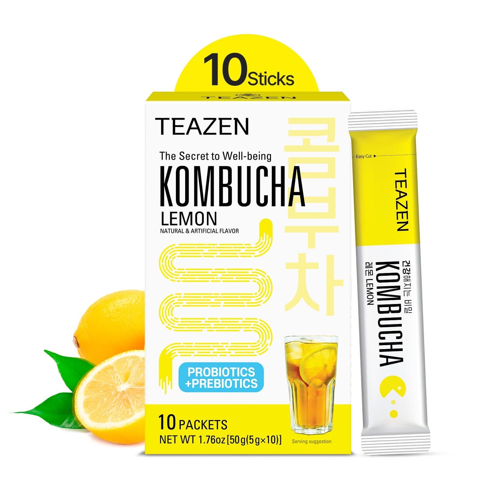 Lemon Kombucha Tea, Hydration Drink Mix, Sugar Free, Live Probiotics & Prebiotics, 10 Sticks, 1.76oz