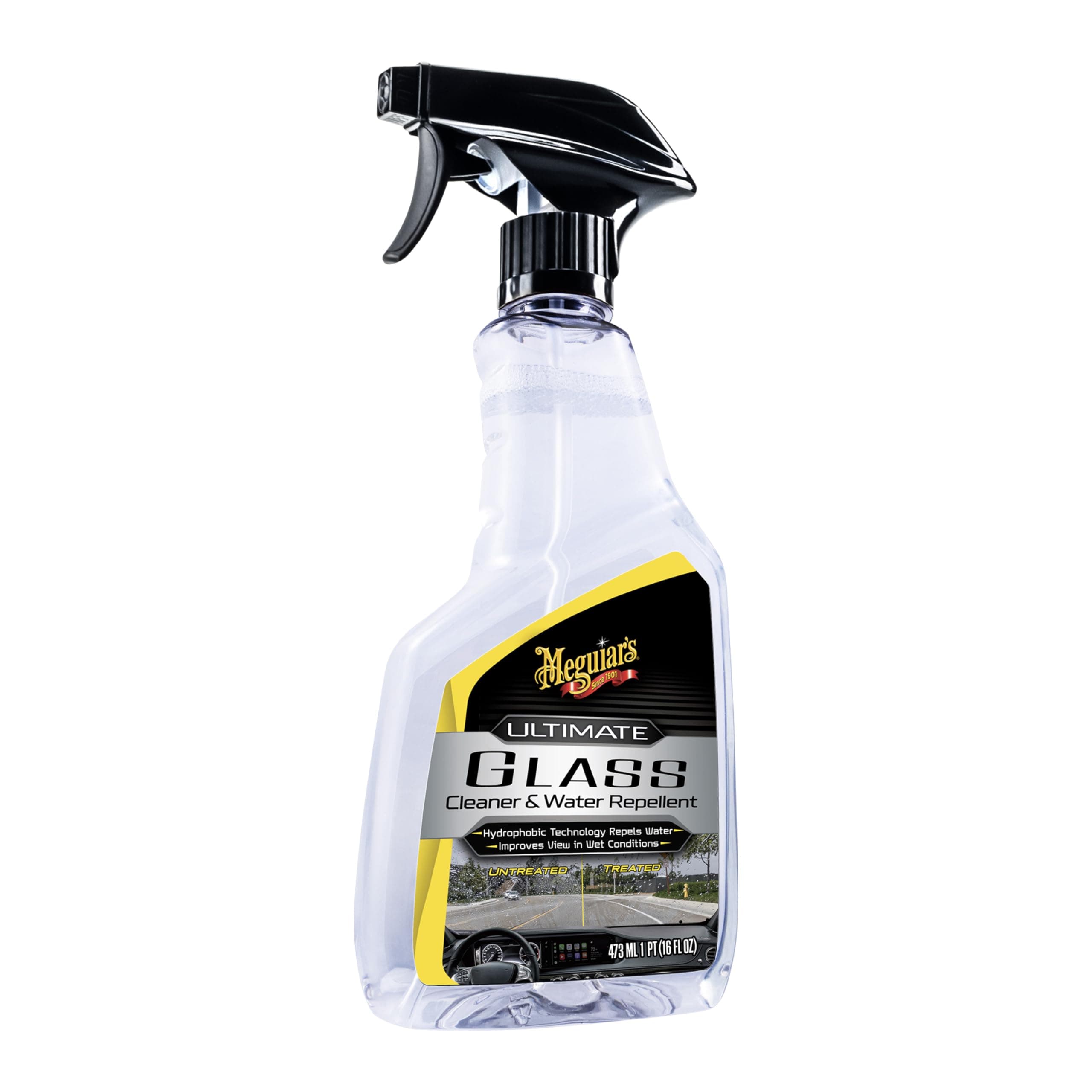 Meguiar's Ultimate Car Glass Cleaner & Water Repellent (473 ML), forms strong water repellent layer, pleasant fragrance, High Rain visibility, excellent water beading, long lasting glass protection