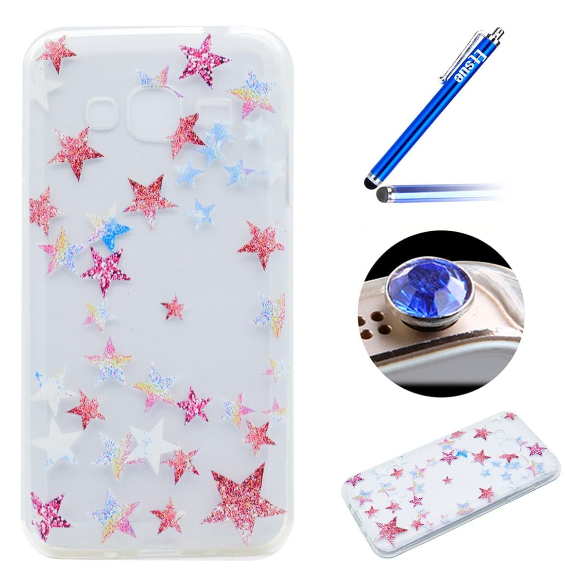 ETSUE Samsung Galaxy J3 2015/2016 Tpu Case, Samsung Galaxy J3 2015/2016 Clear Case, Creative Colorful Pattern Soft Gel Silicone TPU Slim Fit Flexible Rubber Transparent Crystal Clear Case Cover for Samsung Galaxy J3 2015/2016 +Blue Stylus Pen+Bling Glitter Diamond Dust Plug(Colors Random)-Glitter Stars