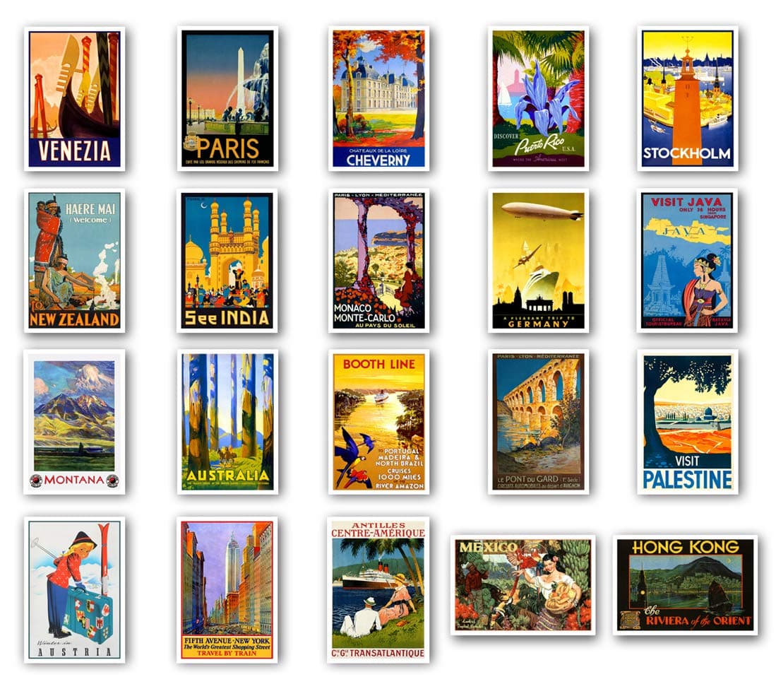 VINTAGE TRAVEL POSTERS postcard set of 20. Post card variety pack of retro style poster postcards. Made in USA.