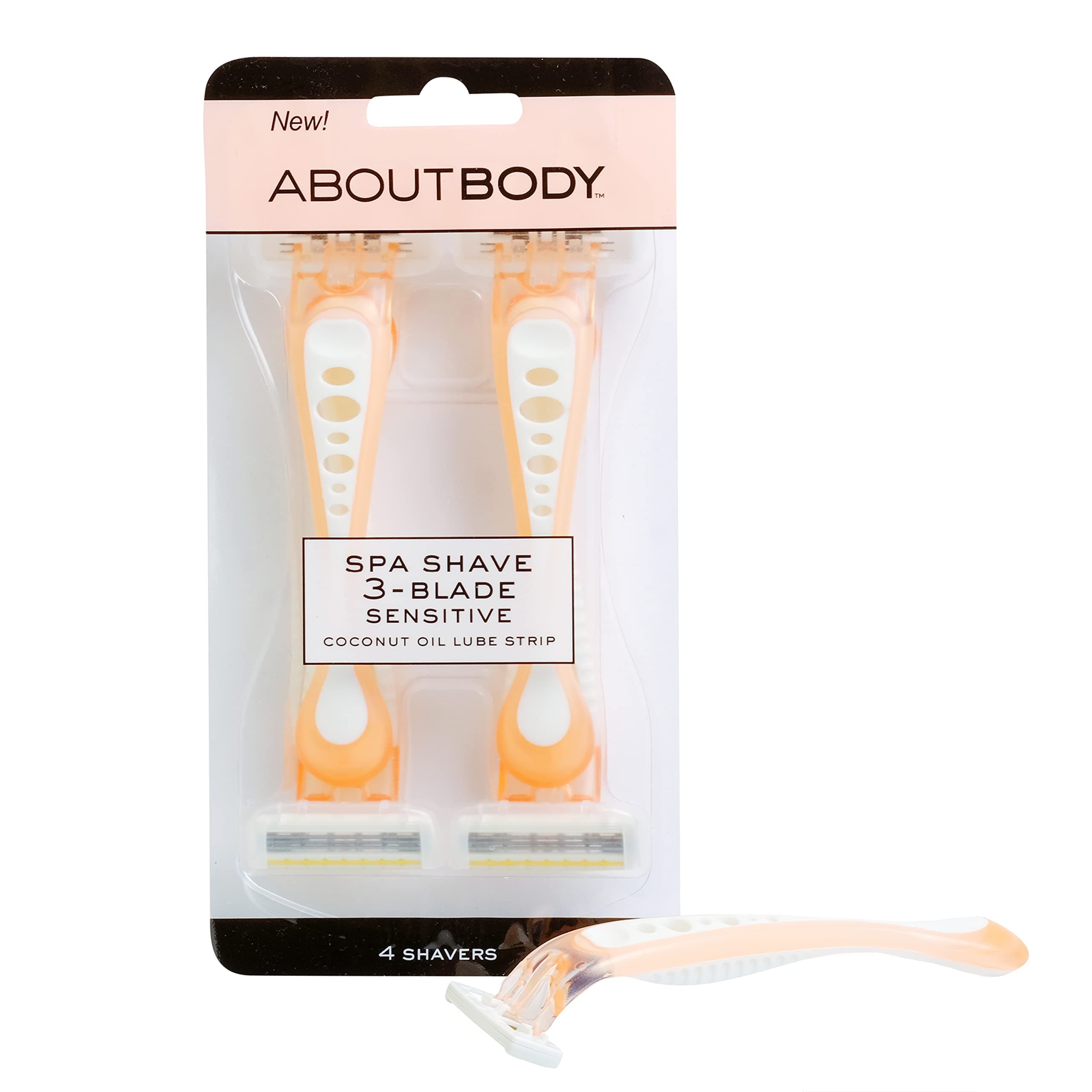 About Beauty Spa Shave 3 Blade Disposable Razors, Includes 4 Disposable Razors, Skin-Soothing Coconut Oil Moisture Pad Gently Glides Along Skin, Ergonomic Cushion Grip Handle