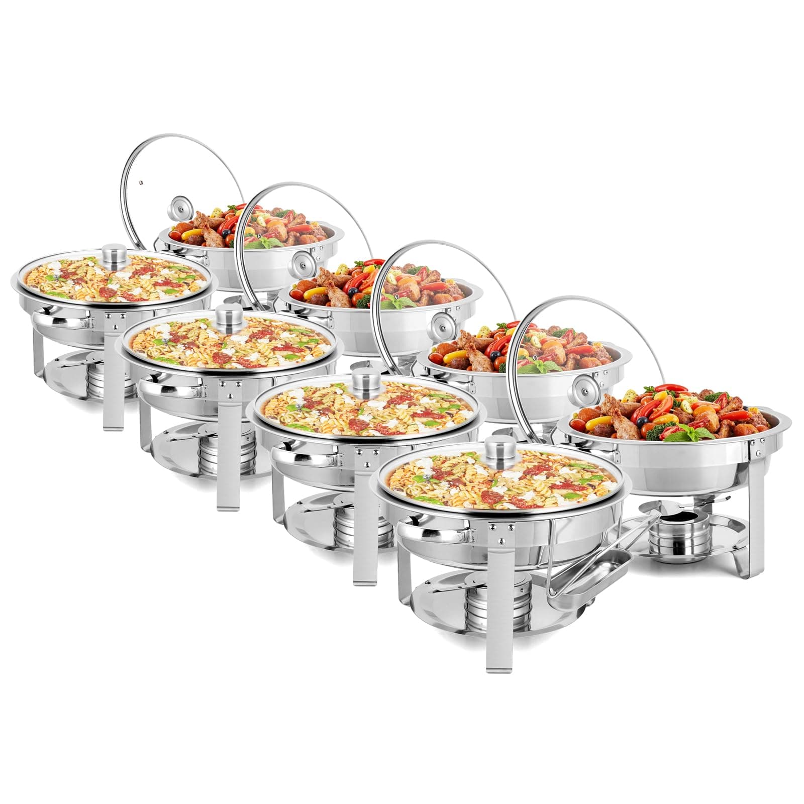 ROVSUN 5 Qt 8 Pack Chafing Dishes for Buffet, NSF Stainless Steel Round Chafers for Catering, Buffet Servers and Warmers Set with Glass Lid & Lid Holder, Stackable Design for Wedding Party Event