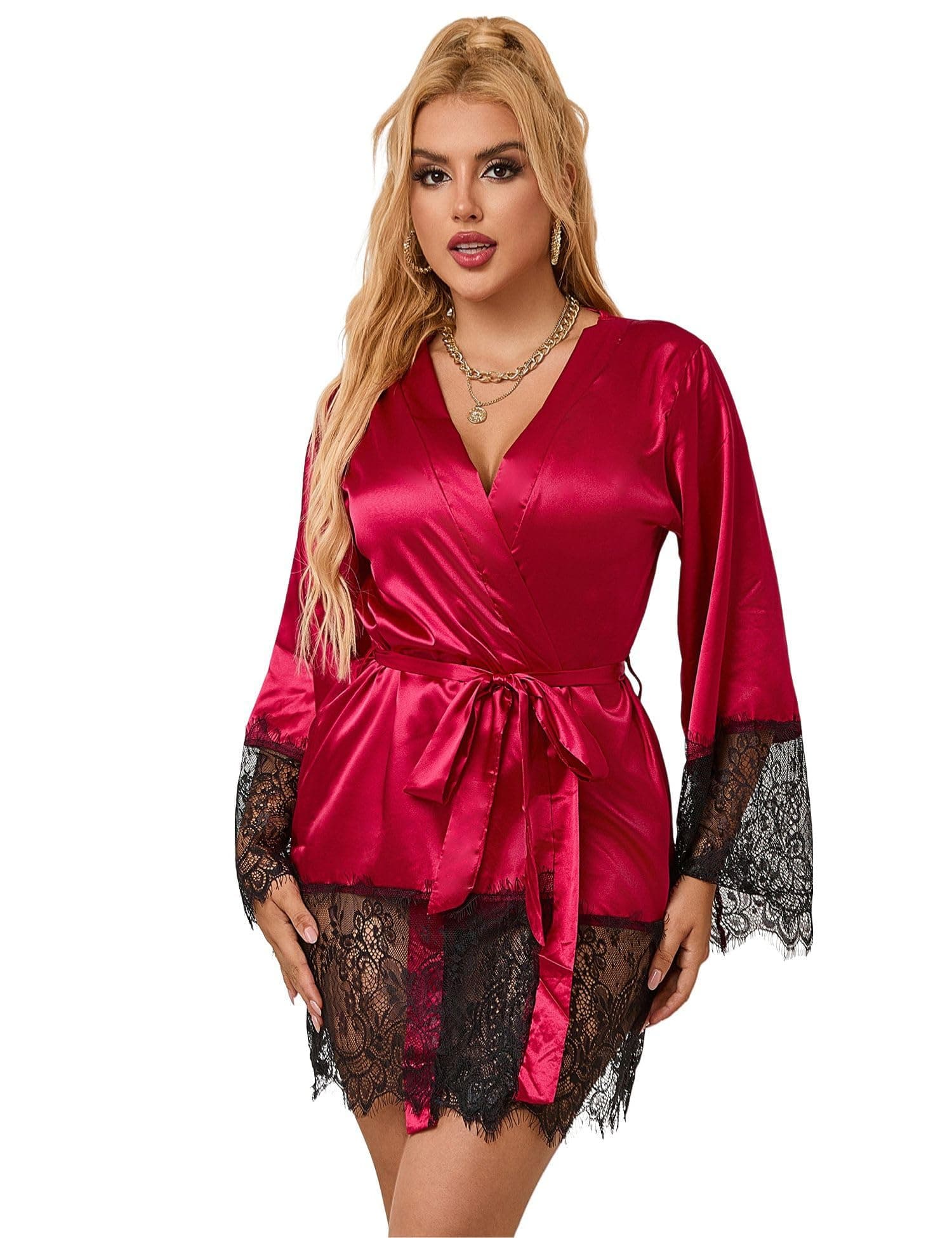 Plus Size Lingerie UK 8-22,Satin Dressing Gown,Womens Short Lace Trim Bridal Robe,Ladies Kimono Babydoll Nightwear with Belt and G-String