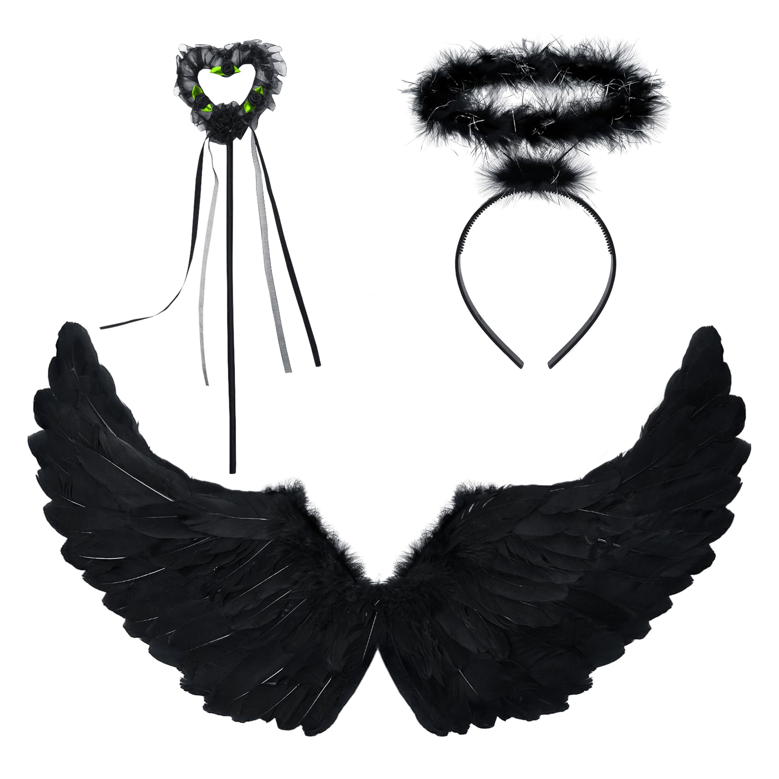 3pc Dark Angel Costume for Women - Black Angel Wings, Angel Halo Headband and Fairy Wand Angel Accessories for Fallen Angel Costume Women - Angel Halloween Costumes for Women