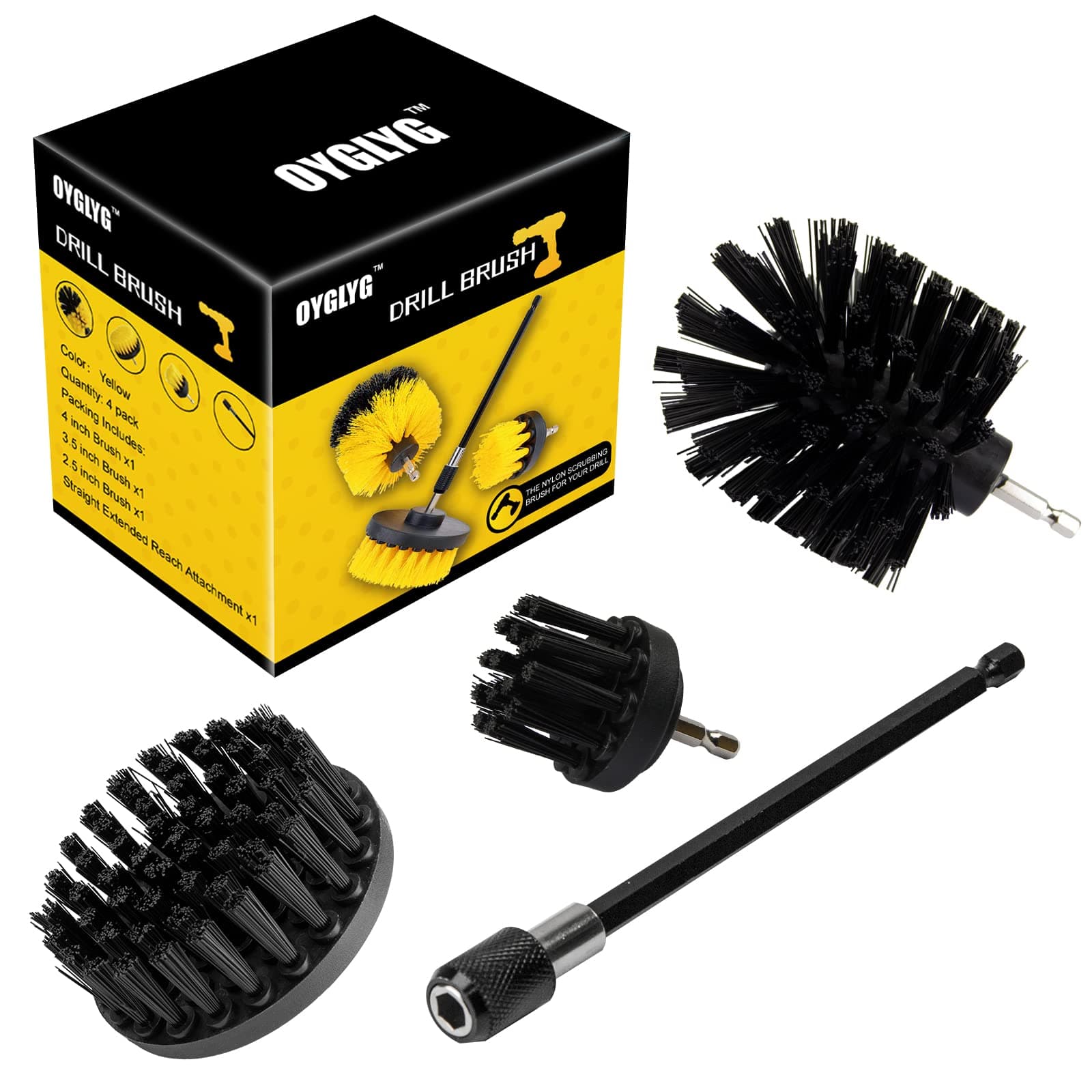 Drill Brush Attachment Kit, Multi-Purpose Scrubber, 4-Piece Cleaning Kit for Bathroom, Glass, Tile, Car Tires - Black