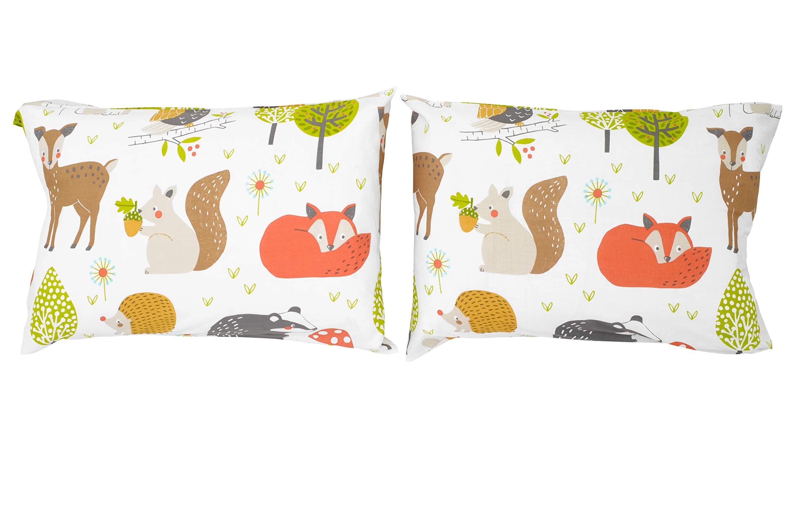 Bloomsbury Mill - Kids Pillow Cases 2 Pack - Woodland Animals Design - Pillow Covers for Boys & Girls Duvet Cover Sets or Kids Travel Pillow - Pair of Childrens Pillowcases (Extra) - 50x75cm