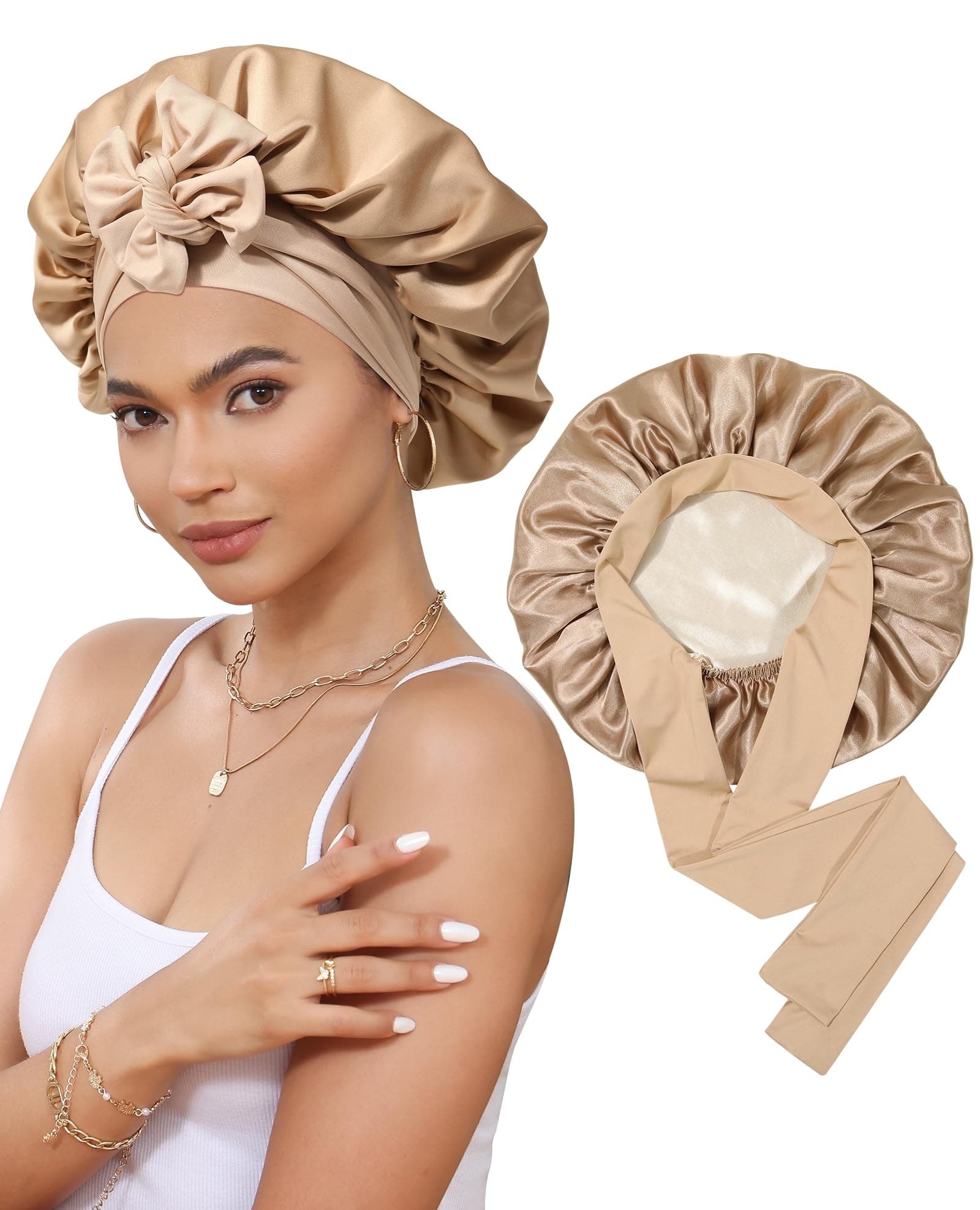 Satin Bonnet Silk Bonnet for Sleeping Silk Sleep Cap Double Layer Hair Bonnet with Elastic Tie Band for Curly Hair Night Cap (Coffee + Champagne)