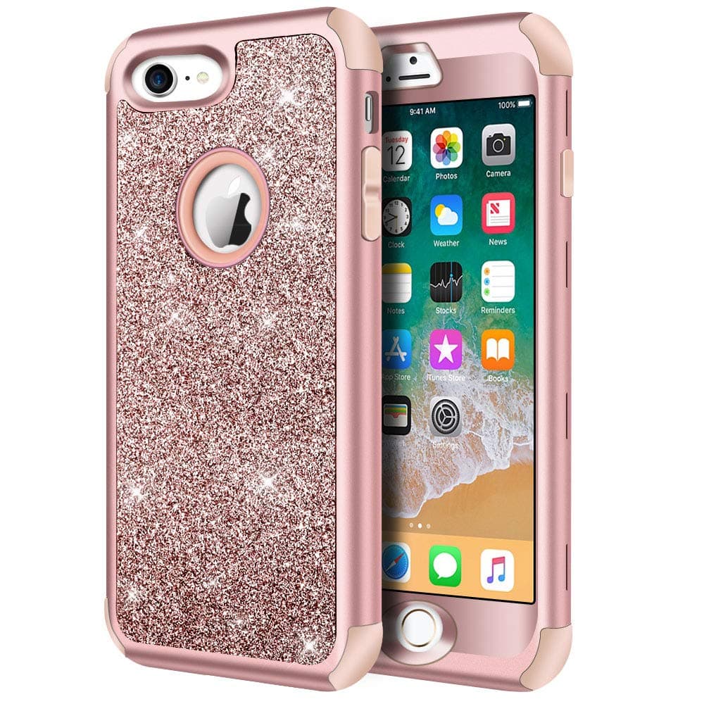 Designed for iPhone 8, iPhone 7 Case, Heavy Duty Full-Body Defender Protective Case Bling Glitter Sparkle Hard Shell Hybrid Shockproof Rubber Bumper Cover, Rose Gold