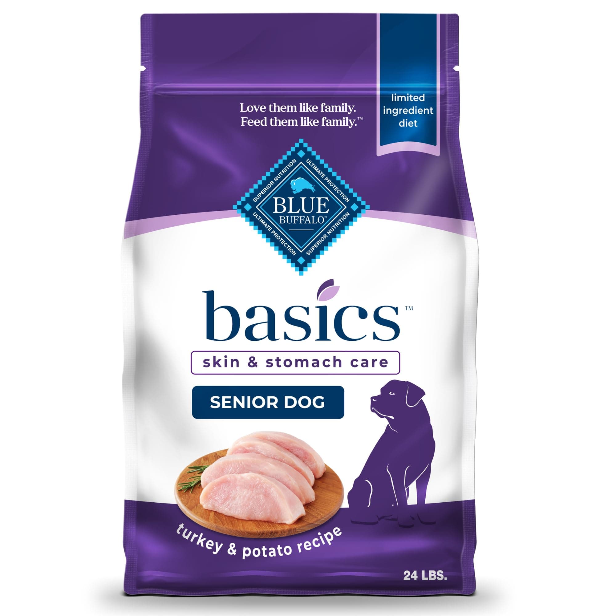 Blue Buffalo Basics Grain-Free Senior Dry Dog Food, Skin & Stomach Care, Limited Ingredient Diet, Turkey Recipe, 24-lb. Bag