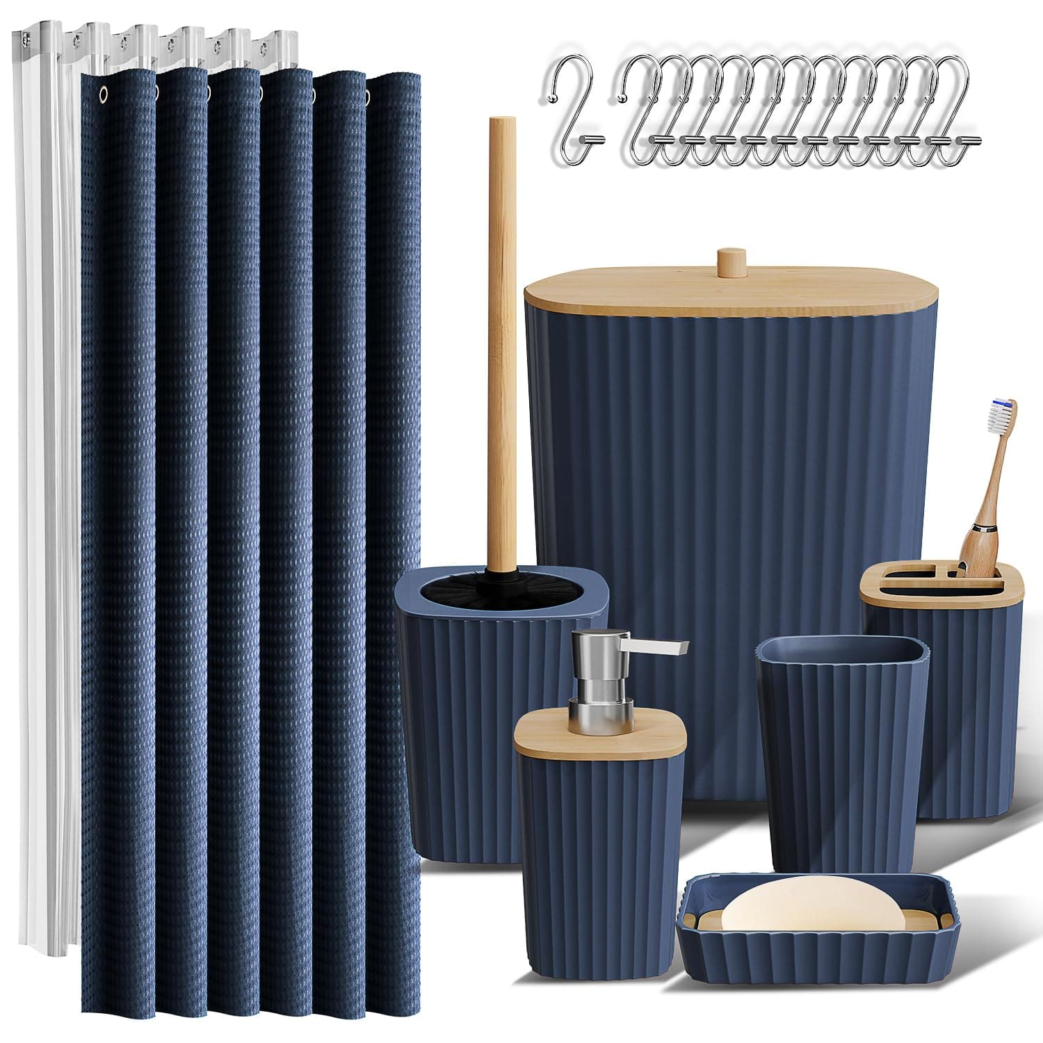 Clara Clark Bathroom Accessories Set - Navy Bathroom Set, 20PC Bathroom Accessory Set, Shower Curtain Set, Toilet Brush, Trash Can & Soap Dispenser