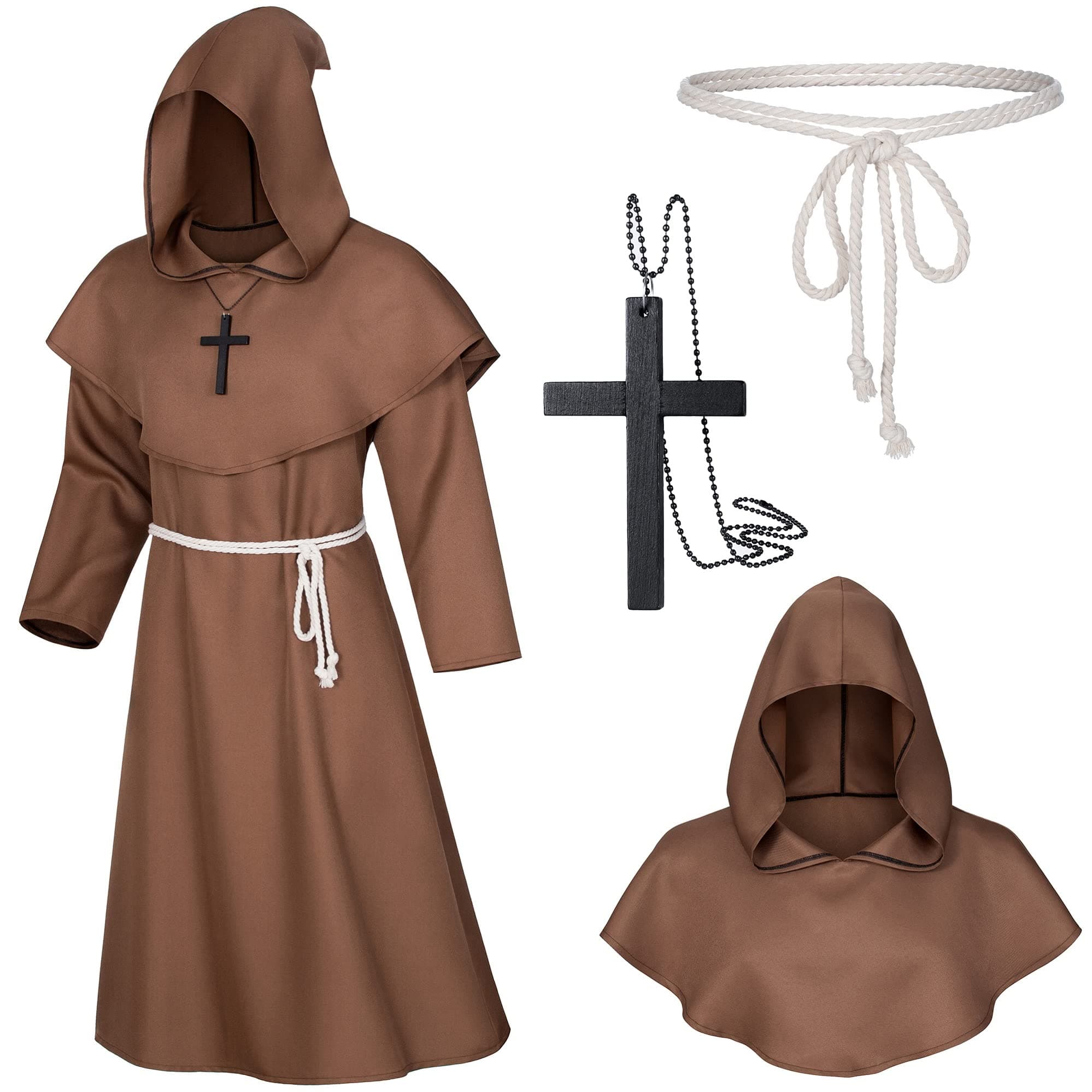 Medieval Renaissance Monk Friar Priest Wizard Cloak Hooded Robe Cosplay Belt Necklace Set