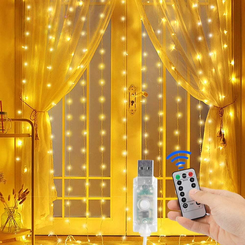 300 LED Curtain Lights, BOLWEO 3mx3m Window Fairy String Lights with 8 Modes Remote Control for Bedroom Gazebo Wedding Party Home Garden Outdoor Indoor Wall Decorations, Warm White