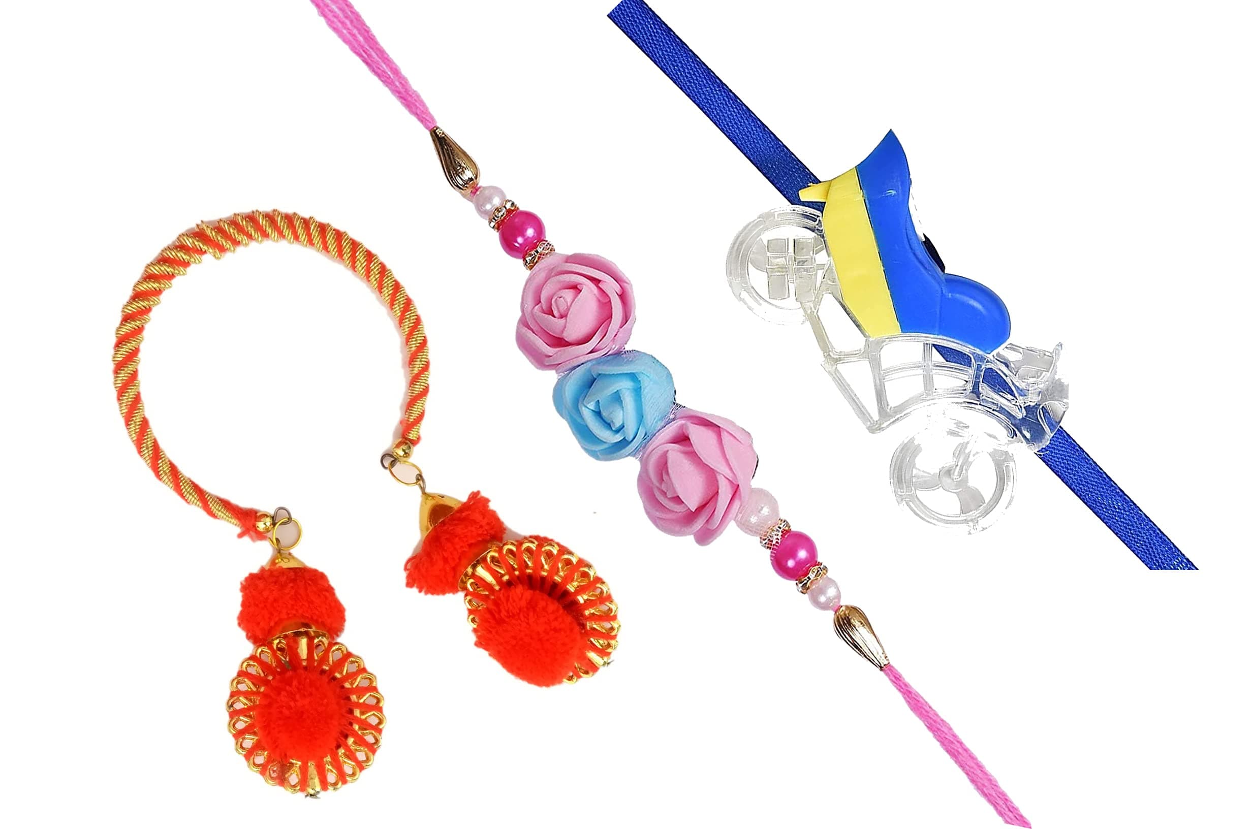 Vidhya Sagar Enterprises Unisex VSE Gold Plated 2 Diamond with Studded by Golden Crystal Rakhi Combo of 3 with Greeting, Roli and Chawal