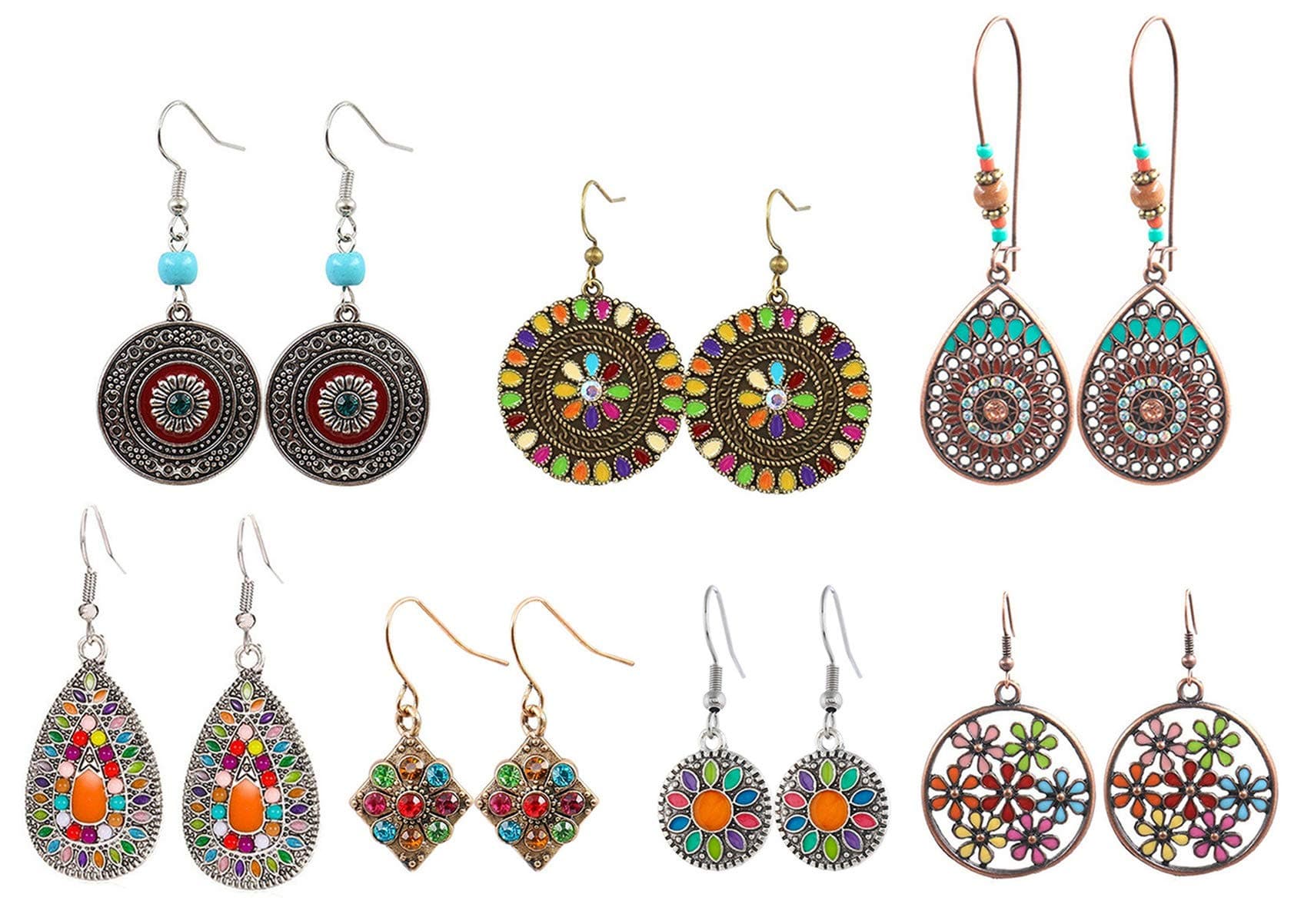 LAIMALA 7 Pairs Bohemian Vintage Dangle Earrings Retro Rhinestone Dangle Drop Earrings for Women